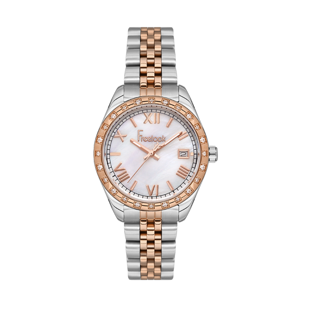 FREELOOK women's watch with white mother-of-pearl dial, crystal-set rose gold bezel, and two-tone rose gold and silver stainless steel bracelet.