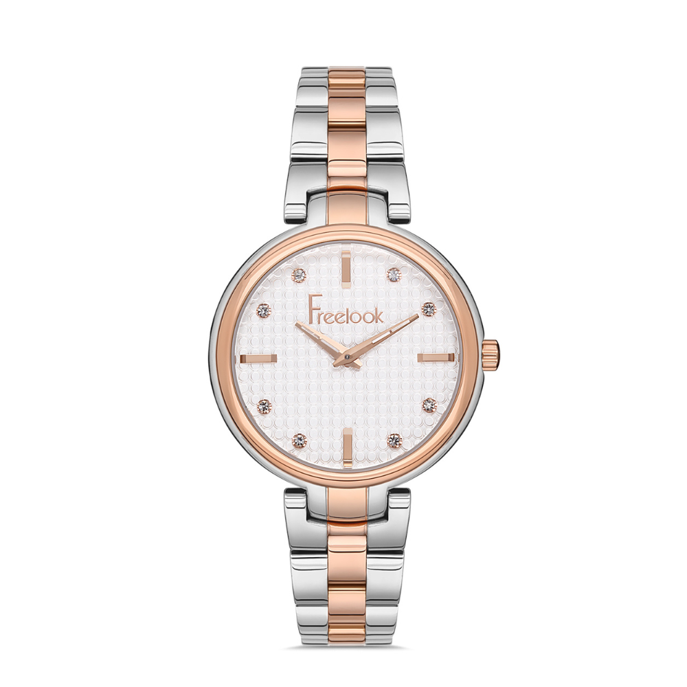 FREELOOK women's two-tone rose gold and silver stainless steel bracelet watch with silver crystal dial
