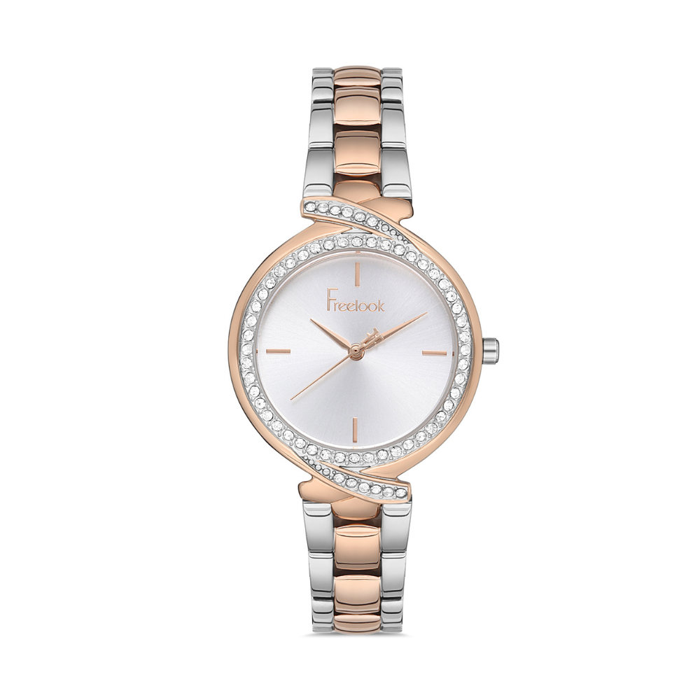 FREELOOK women's two-tone rose gold and silver stainless steel watch with silver dial and crystal bezel