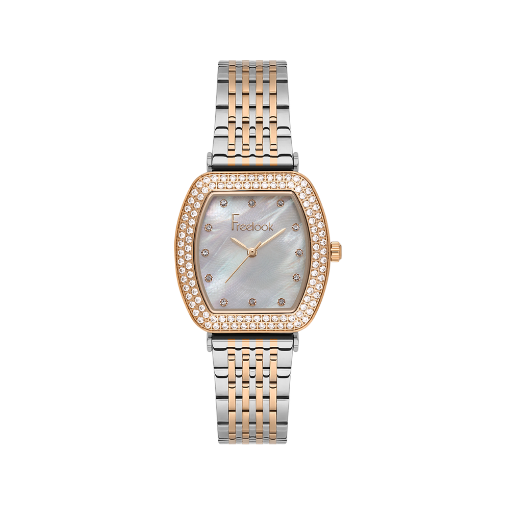 FREELOOK women's two-tone rose gold and silver stainless steel watch with white mother-of-pearl dial and crystal-set bezel.
