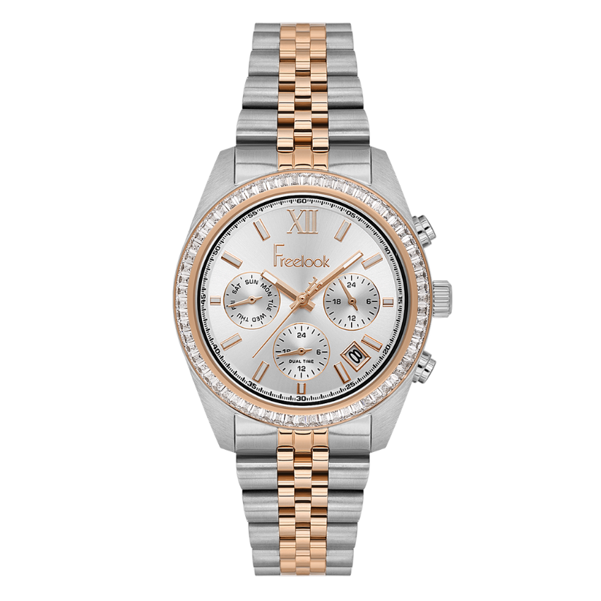 FREELOOK women's two-tone rose gold and silver multifunction watch with crystal bezel, silver dial, sub-dials, and date display.