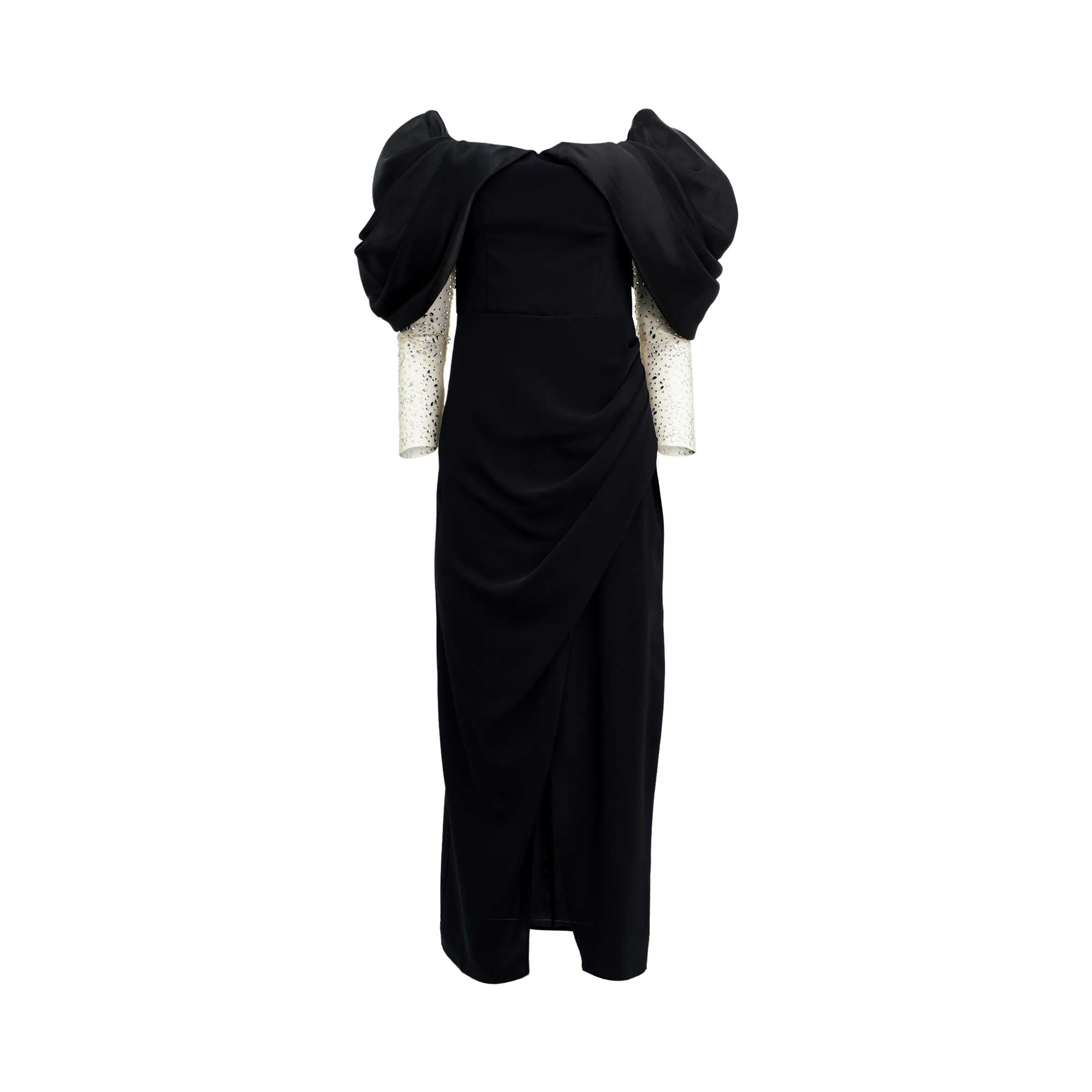 Fiordelli Donna black evening gown featuring a voluminous off-the-shoulder neckline, draped wrap skirt, and ivory long sleeves covered in sparkling crystals.