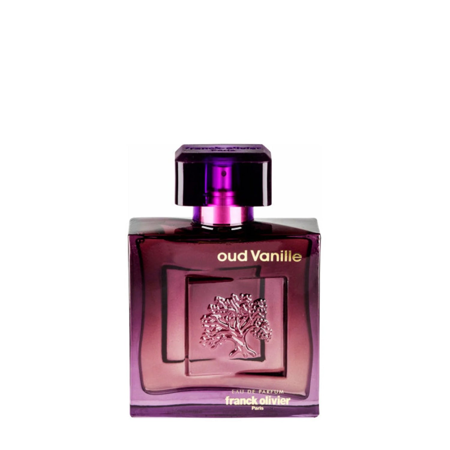 Franck Olivier Oud Vanille Eau de Parfum bottle in deep purple glass with gold lettering and embossed tree design.
