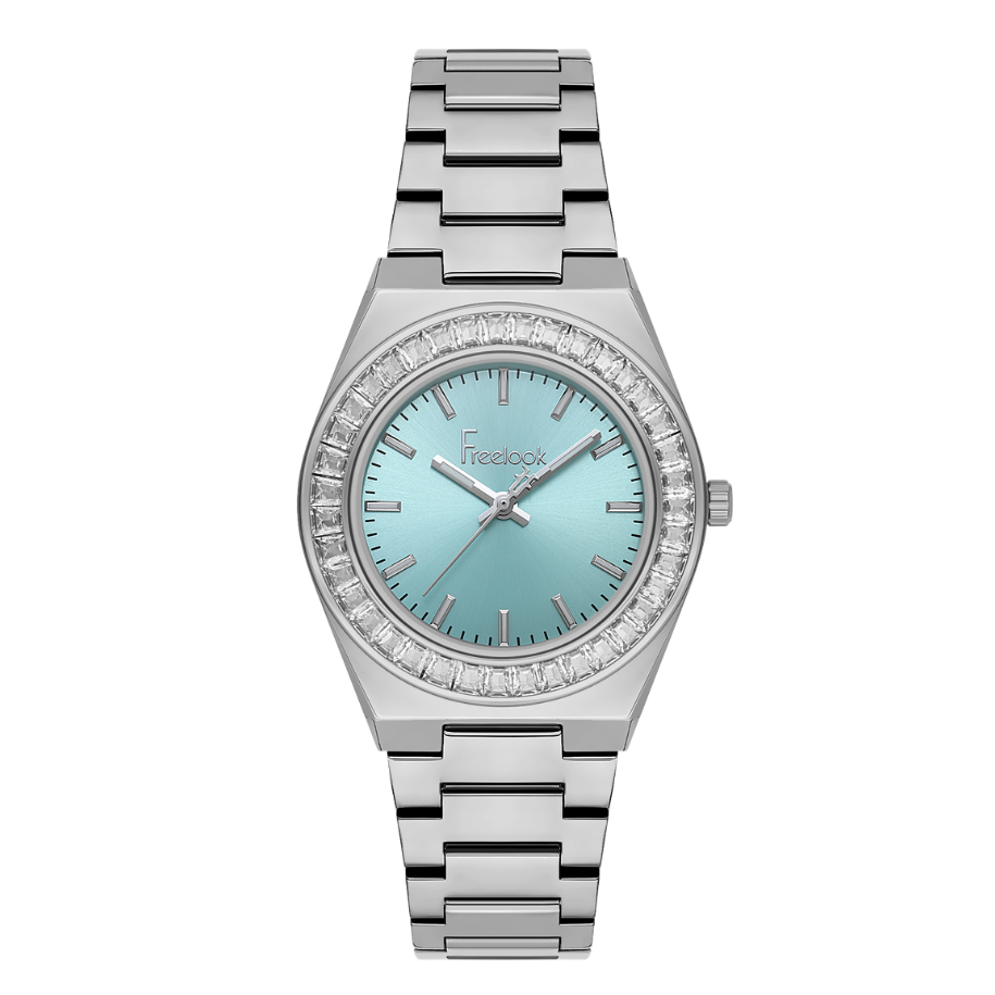 Freelook women's stainless steel watch featuring a blue dial and polished bracelet