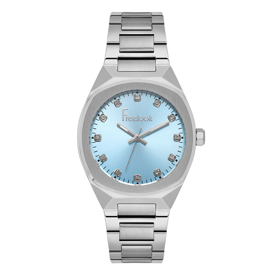 Freelook women's watch featuring a blue dial and stainless steel bracelet