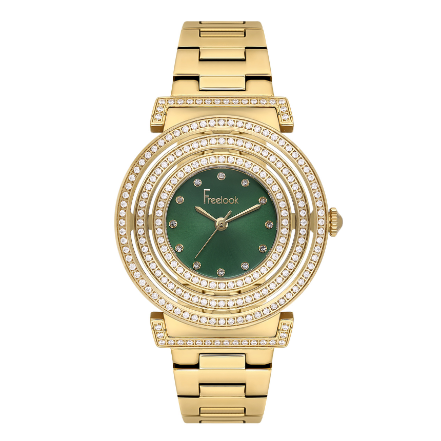 Freelook women's watch featuring a dark green dial and gold-tone stainless steel bracelet