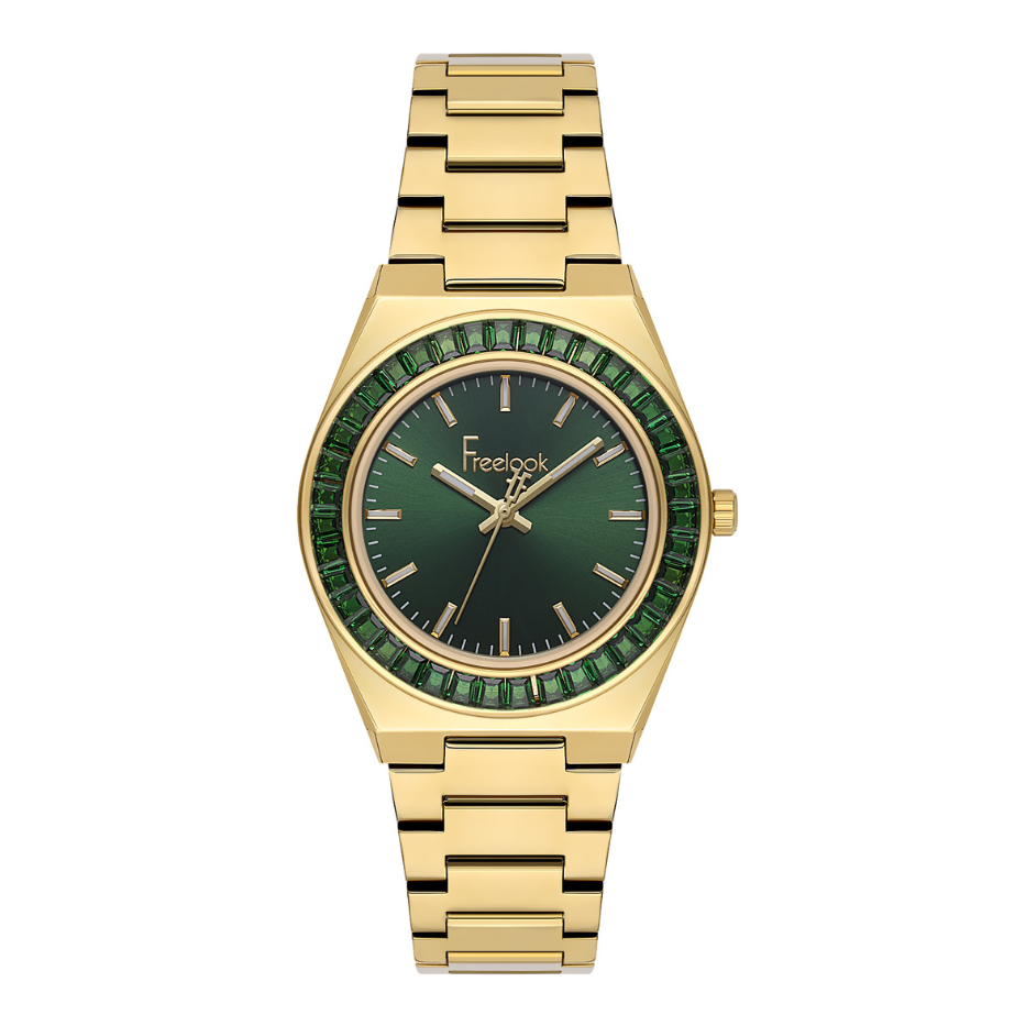 Freelook women's watch featuring a dark green dial and gold-tone stainless steel bracelet