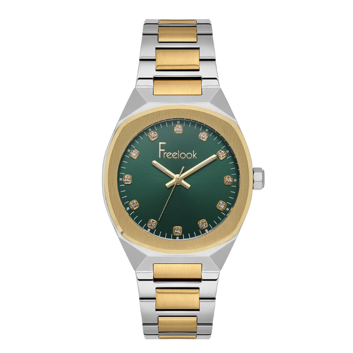 Freelook dark green dial two-tone stainless steel wristwatch with elegant bracelet design