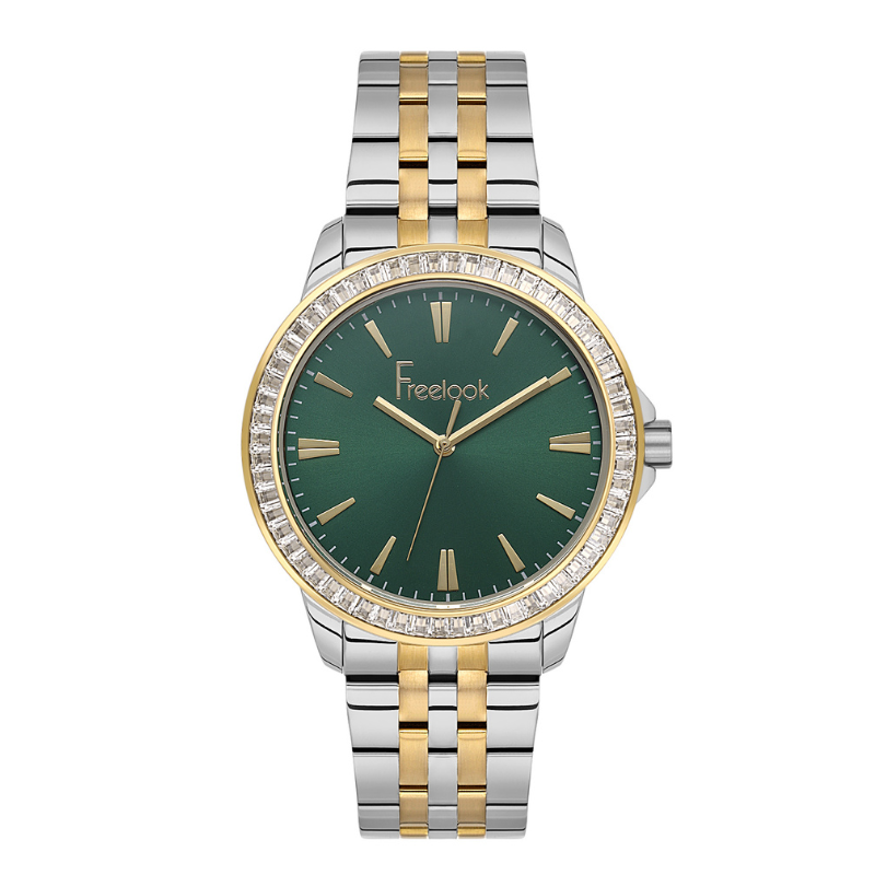 Freelook women's watch featuring a dark green dial and two-tone stainless steel bracelet