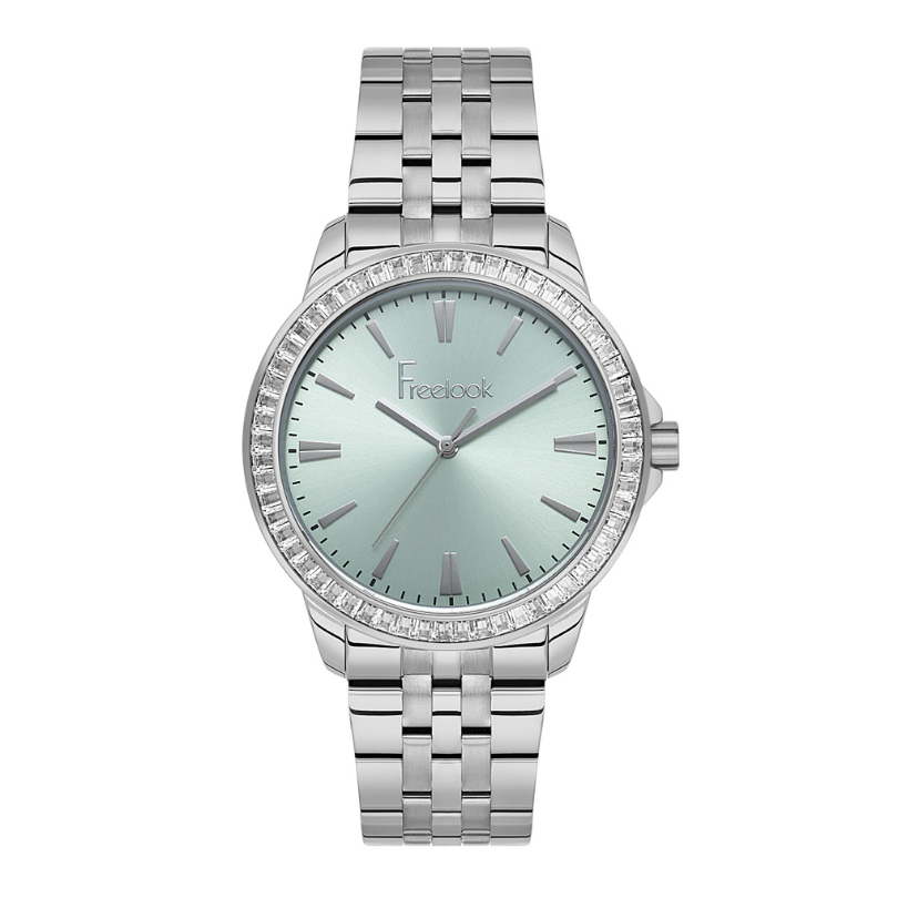 Freelook women's watch featuring a green dial and stainless steel bracelet