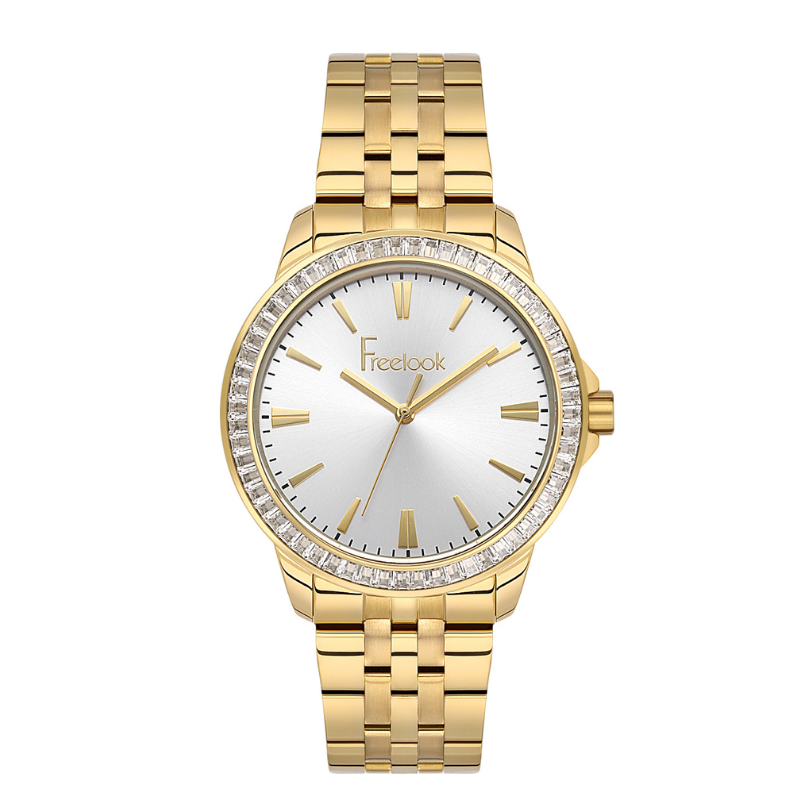 Freelook women's watch featuring a silver dial and gold-tone stainless steel bracelet