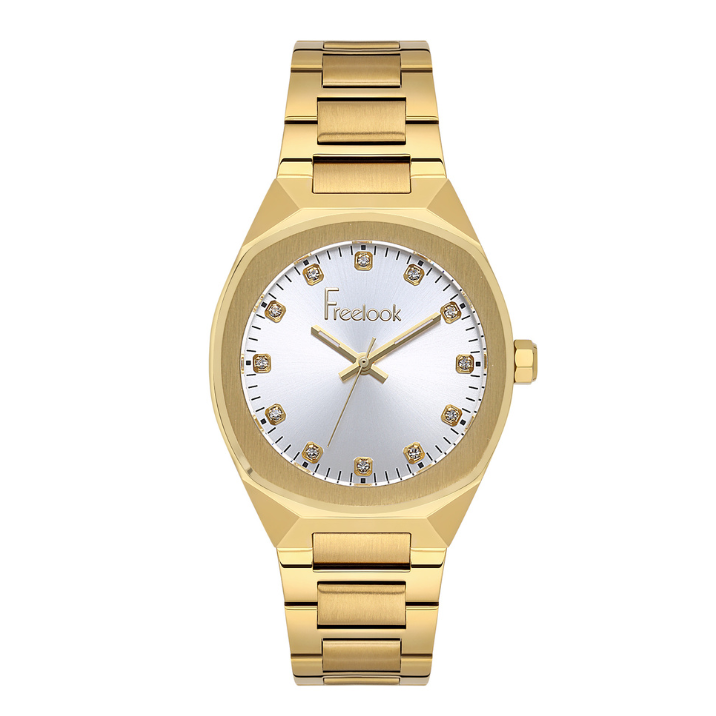 Freelook women's watch featuring a silver dial and gold-tone stainless steel bracelet