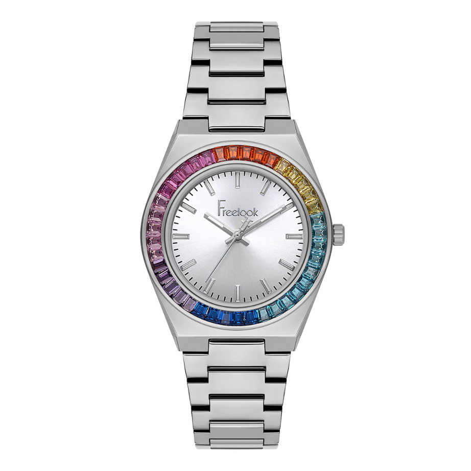 Freelook women's stainless steel watch featuring a silver dial and polished bracelet