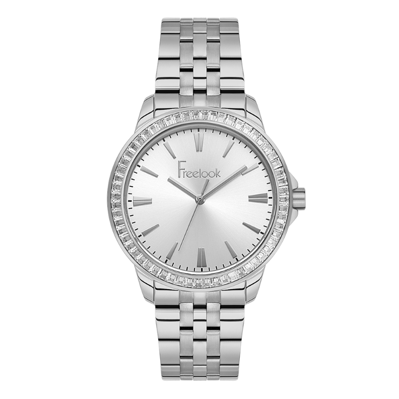 Freelook women's watch featuring a silver dial and stainless steel bracelet