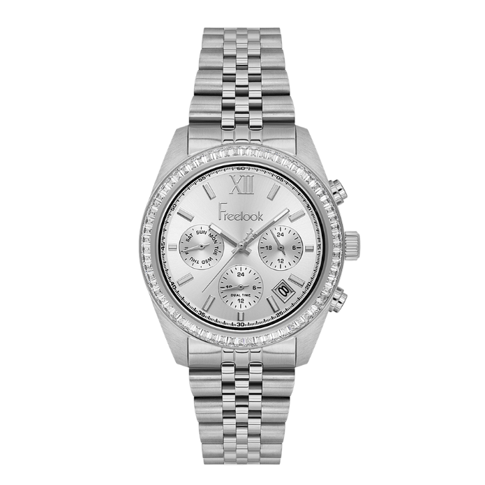 Freelook silver dial stainless steel women's wristwatch with polished bracelet
