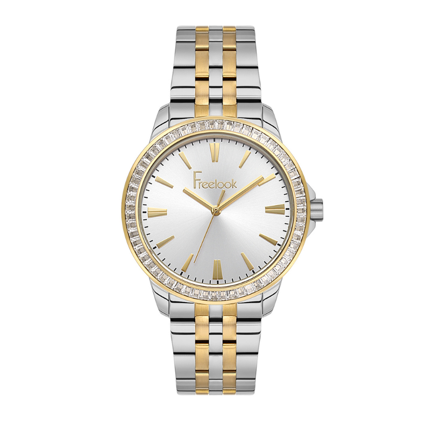 Freelook women's watch featuring a silver dial and two-tone stainless steel bracelet