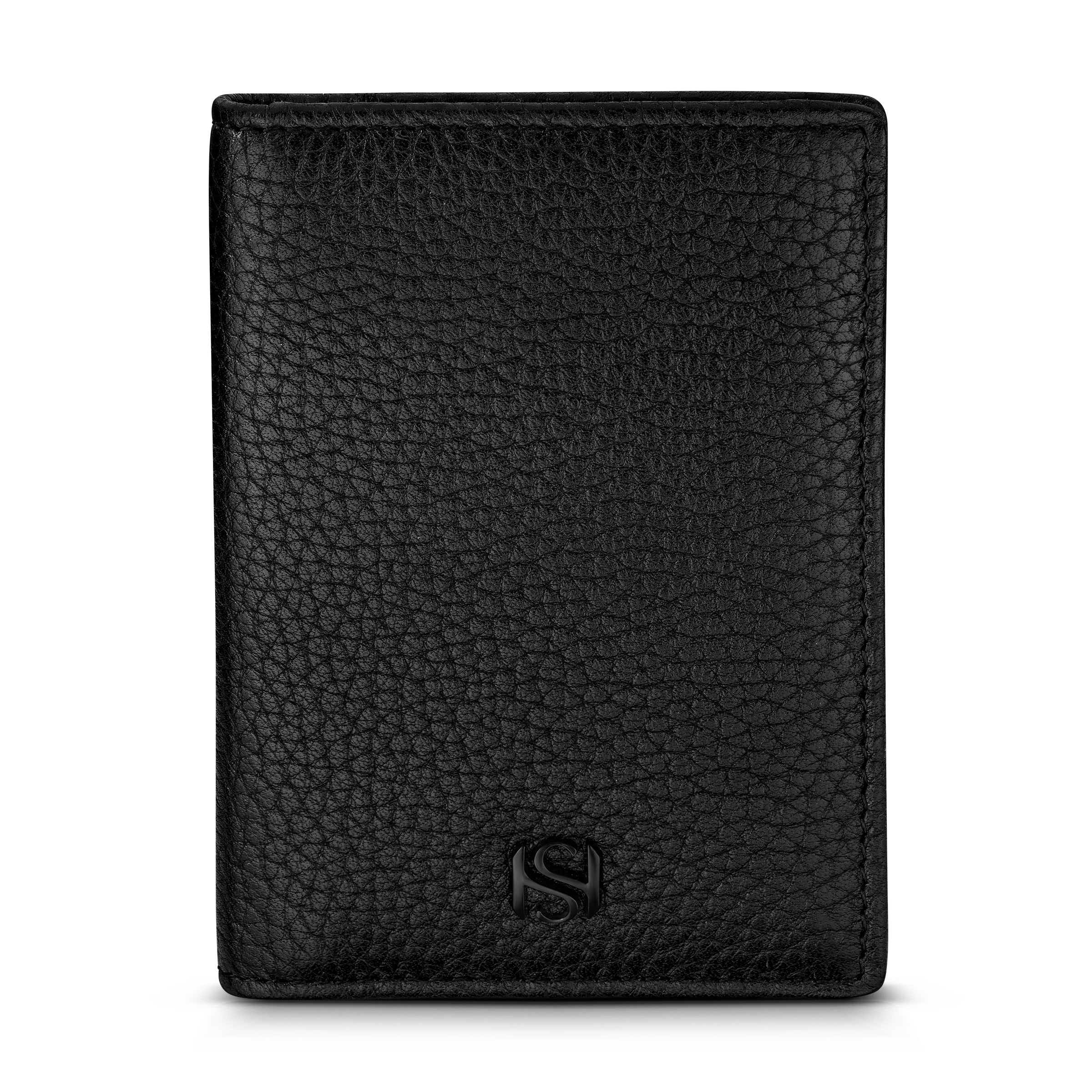 A direct portrait studio shot of the closed Saint Honoré Mael black full grain leather card holder, showcasing its textured pebble finish and the small black SH monogram at the bottom.