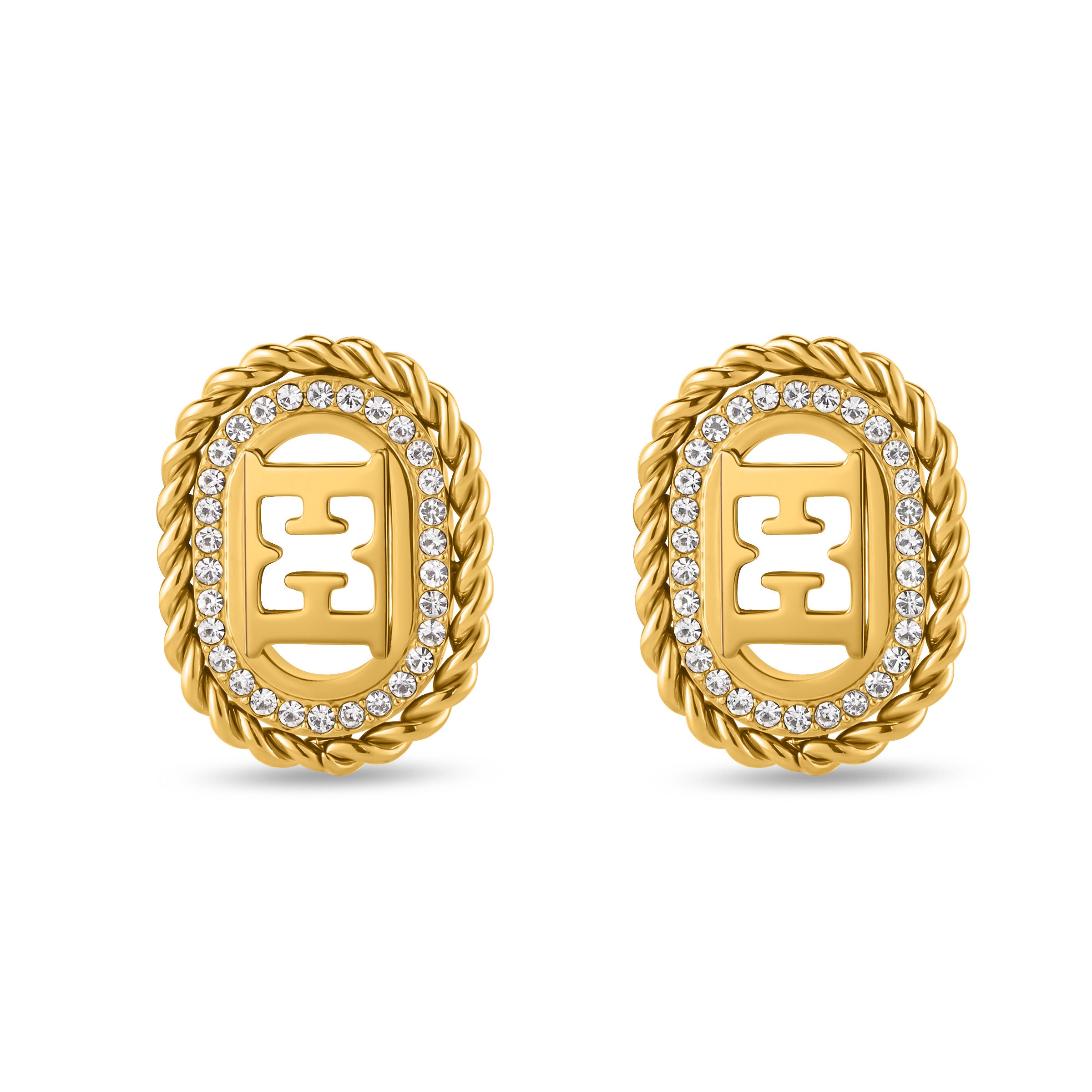 A direct front studio shot of a pair of Escada Grace gold-plated stud earrings, showcasing the cutout double-E logo motif framed by clear crystals and a twisted rope edge.