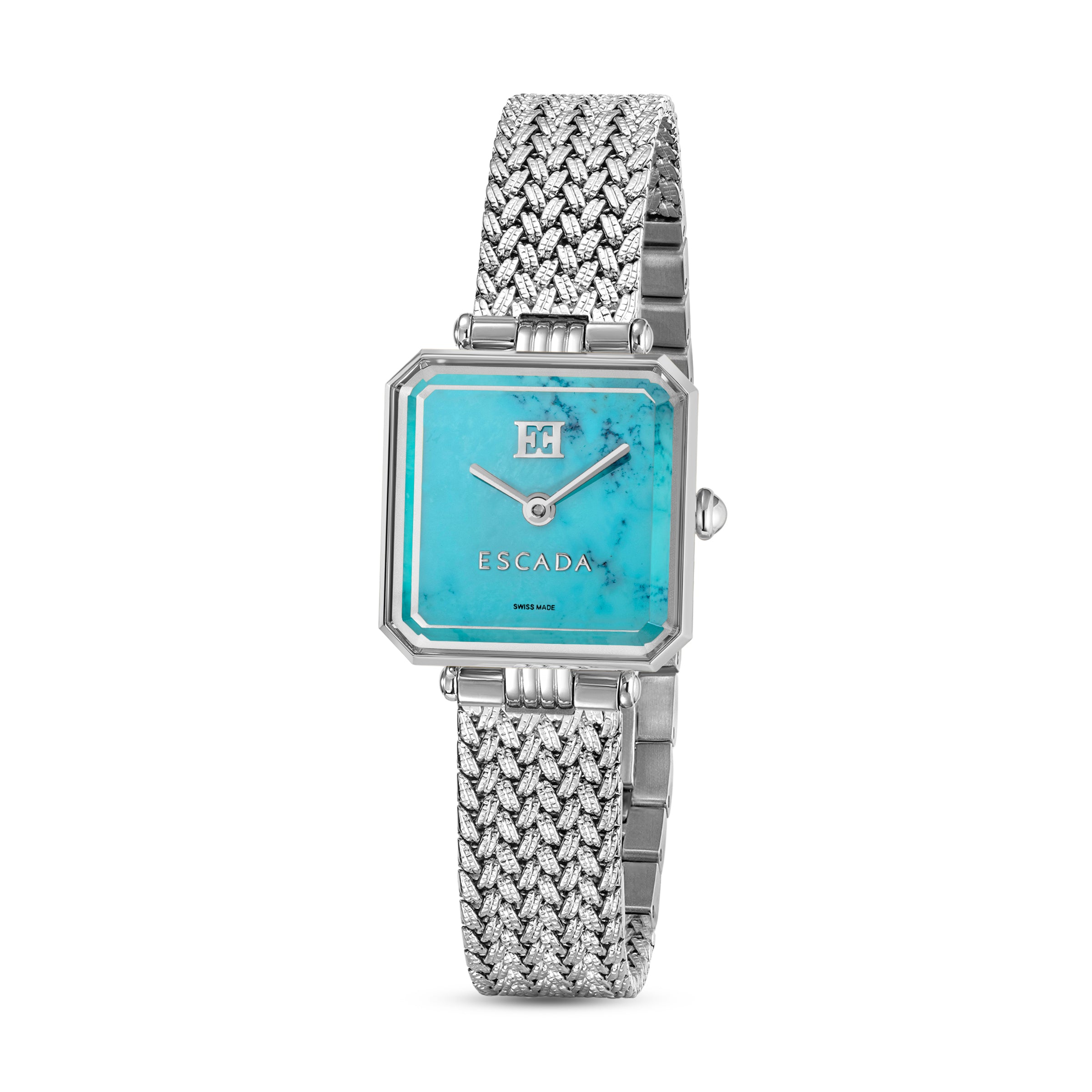 A direct vertical studio shot of the Escada Ava 22mm square stainless steel ladies' watch, highlighting its vibrant blue turquoise dial and matching silver woven mesh bracelet.