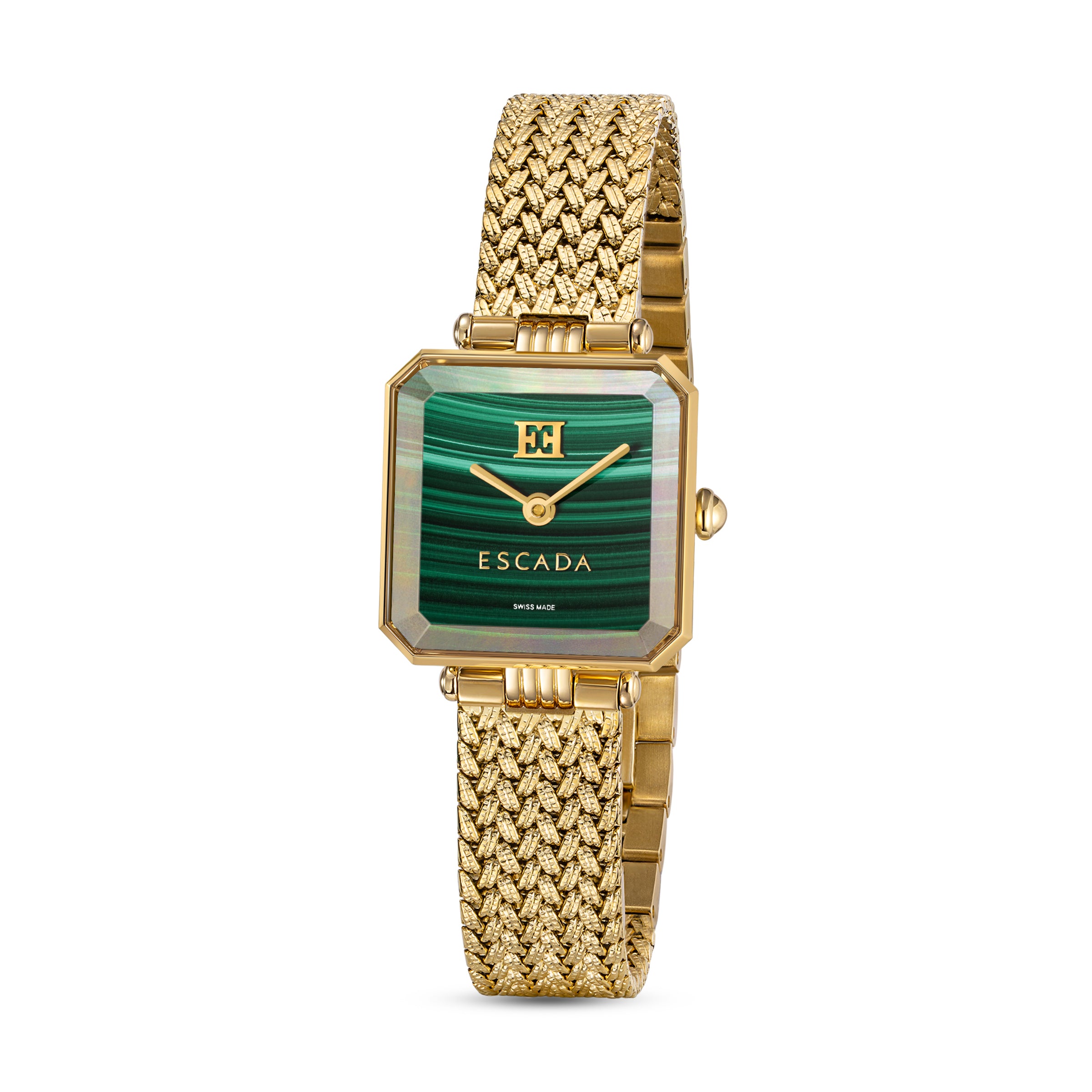 A direct vertical studio shot of the Escada Ava 22mm square gold-plated ladies' watch, highlighting its rich green malachite dial and matching yellow gold woven mesh bracelet.