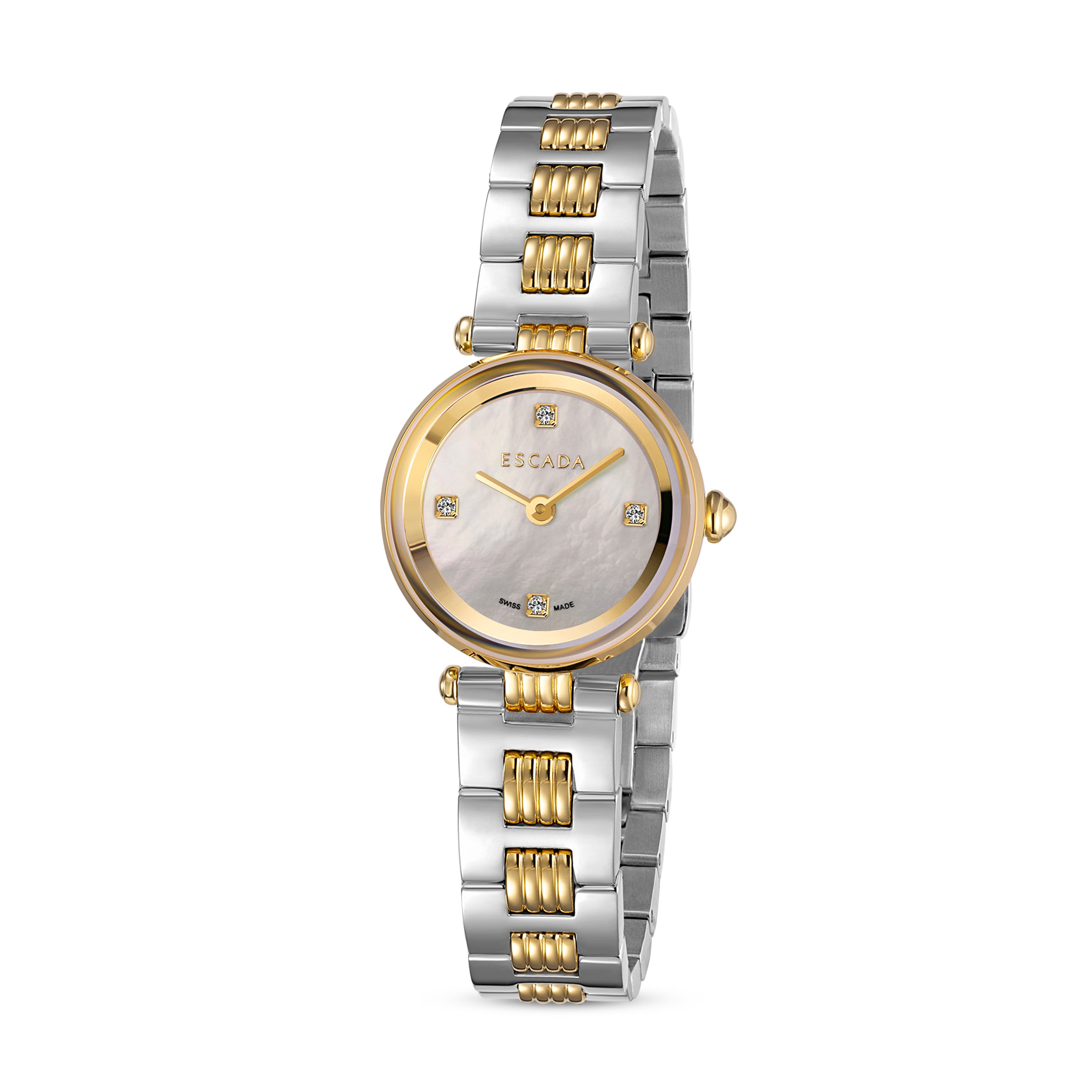 A direct studio catalog portrait of the Escada Scarlett watch, showing its yellow gold-plated 24mm round case, iridescent white Mother of Pearl dial with 4 genuine diamond hour markers, and the two-tone silver and ribbed yellow gold link bracelet.