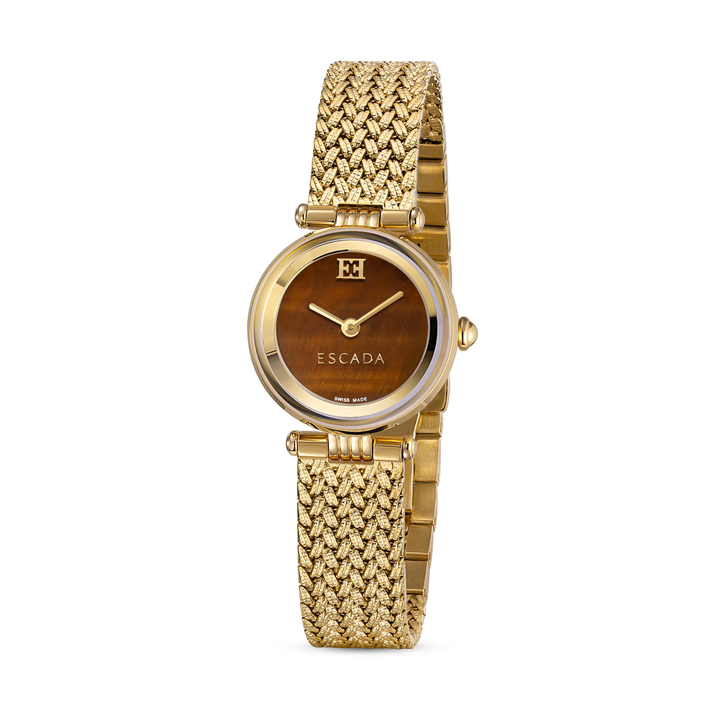 A front-focused vertical studio shot of the Escada Scarlett 24mm gold-plated ladies' watch, highlighting its rich brown wood-textured dial and matching yellow gold woven mesh bracelet.