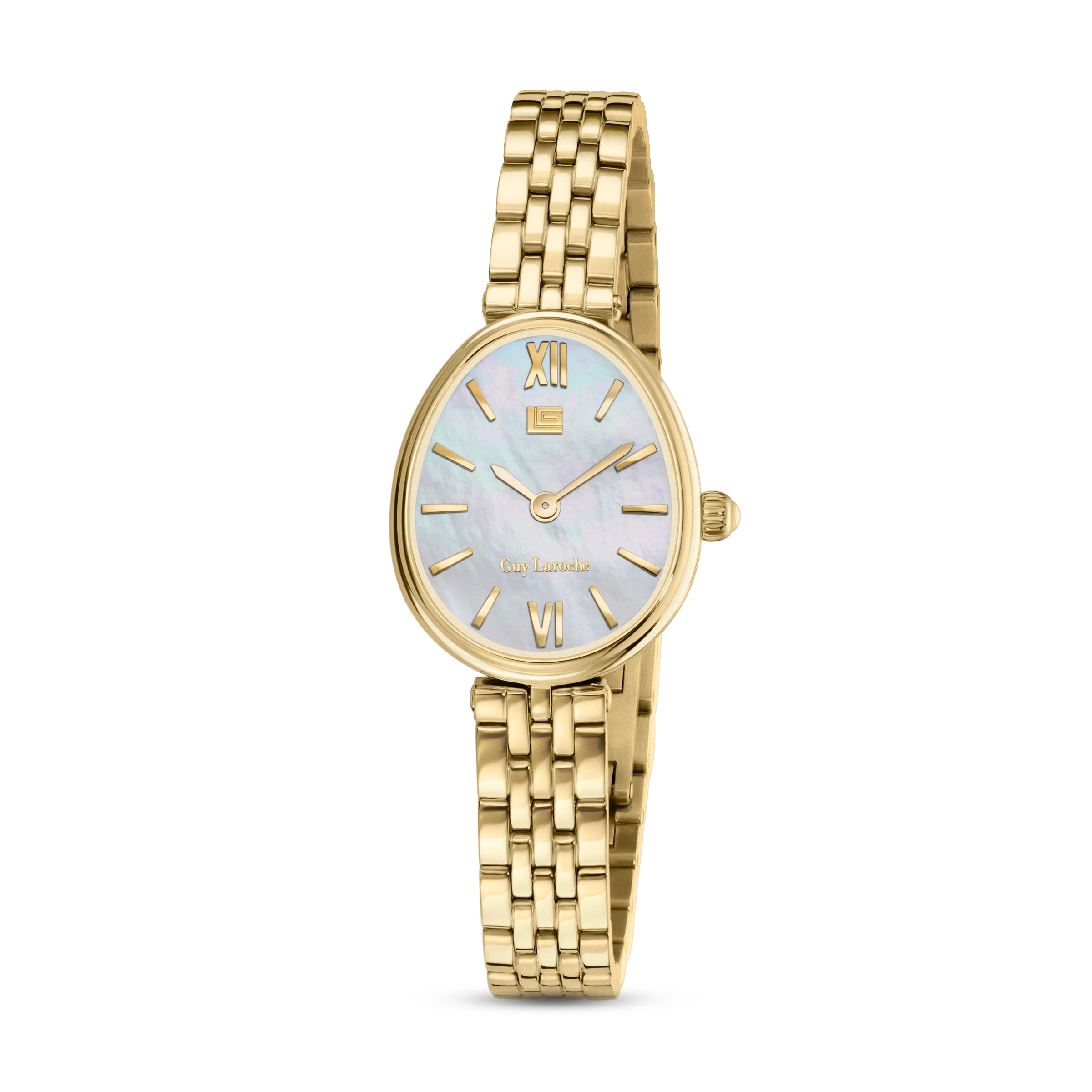 A direct front studio portrait of the Guy Laroche Lauren watch, showcasing its unique gold-plated oval case, iridescent white Mother of Pearl dial with Roman numerals, and the matching gold-plated 5-link jewelry bracelet.