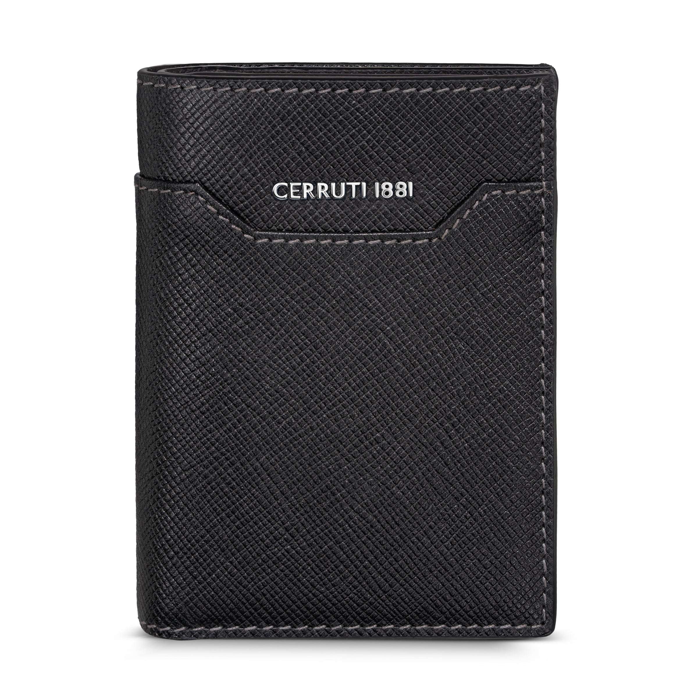 A direct front studio shot of the closed Cerruti 1881 Croce men's black Saffiano leather trifold card case, showing the silver metallic brand logo and signature angular front pocket.