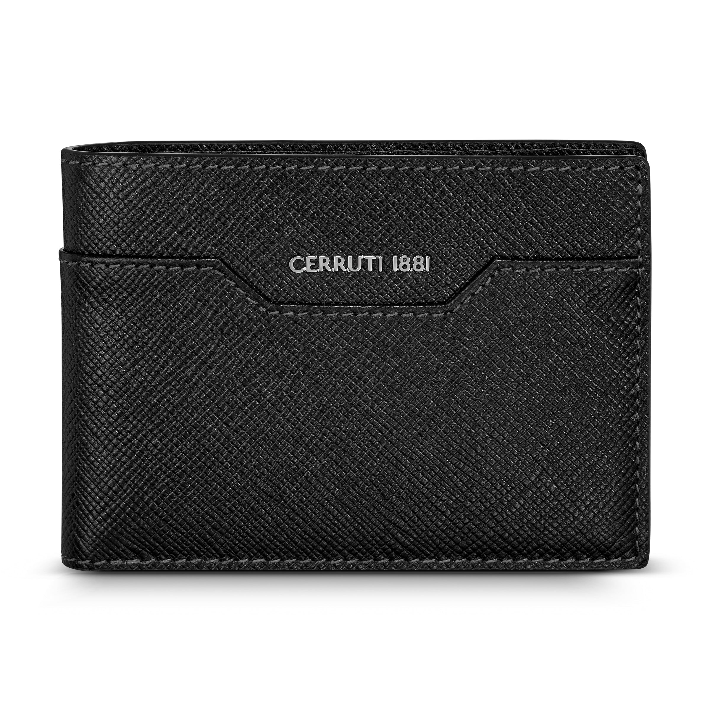 A direct studio front view of the closed Cerruti 1881 Croce men's black Saffiano leather wallet, highlighting the silver-tone metallic branding and the angular front card slot.