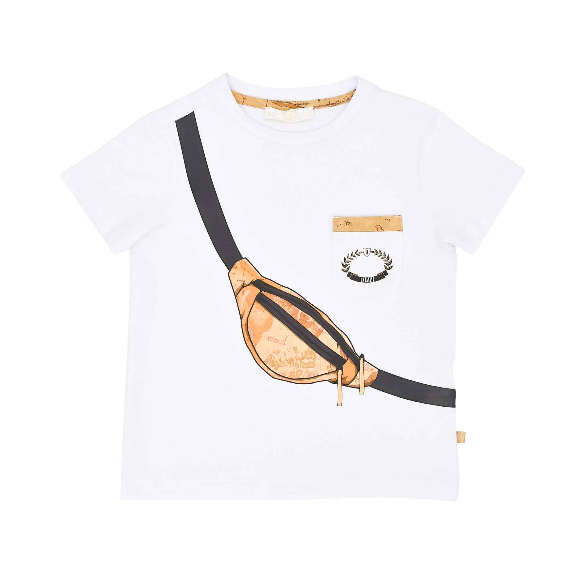 Front view of the Alviero Martini Kids Baby's White T-Shirt with Crossbody Bag Print. Find Online Today at Blue Salon Qatar