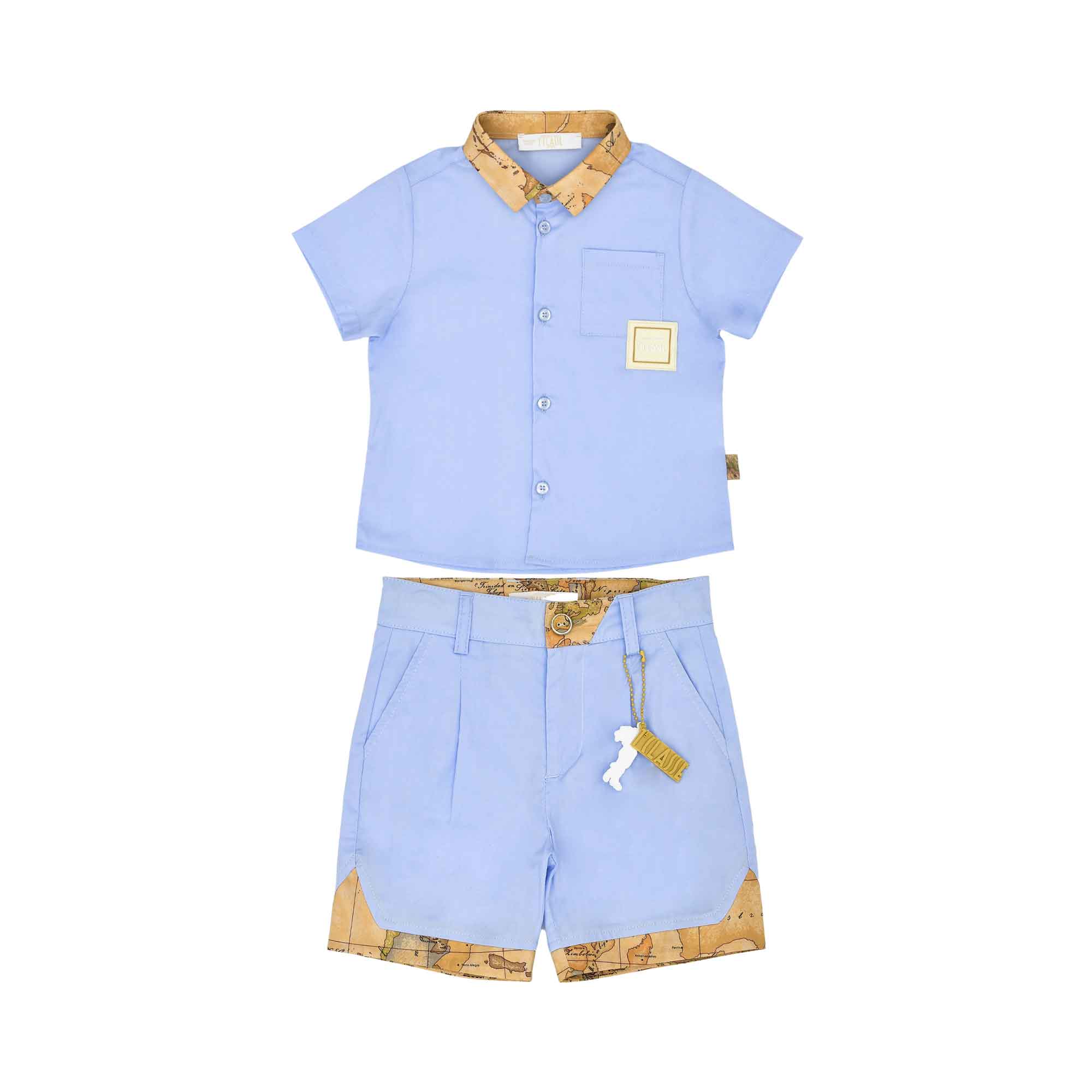 Front view of the Alviero Martini Kids Blue Polo Shirt & Bermuda Shorts Set. Find Online Today at Blue Salon Qatar.