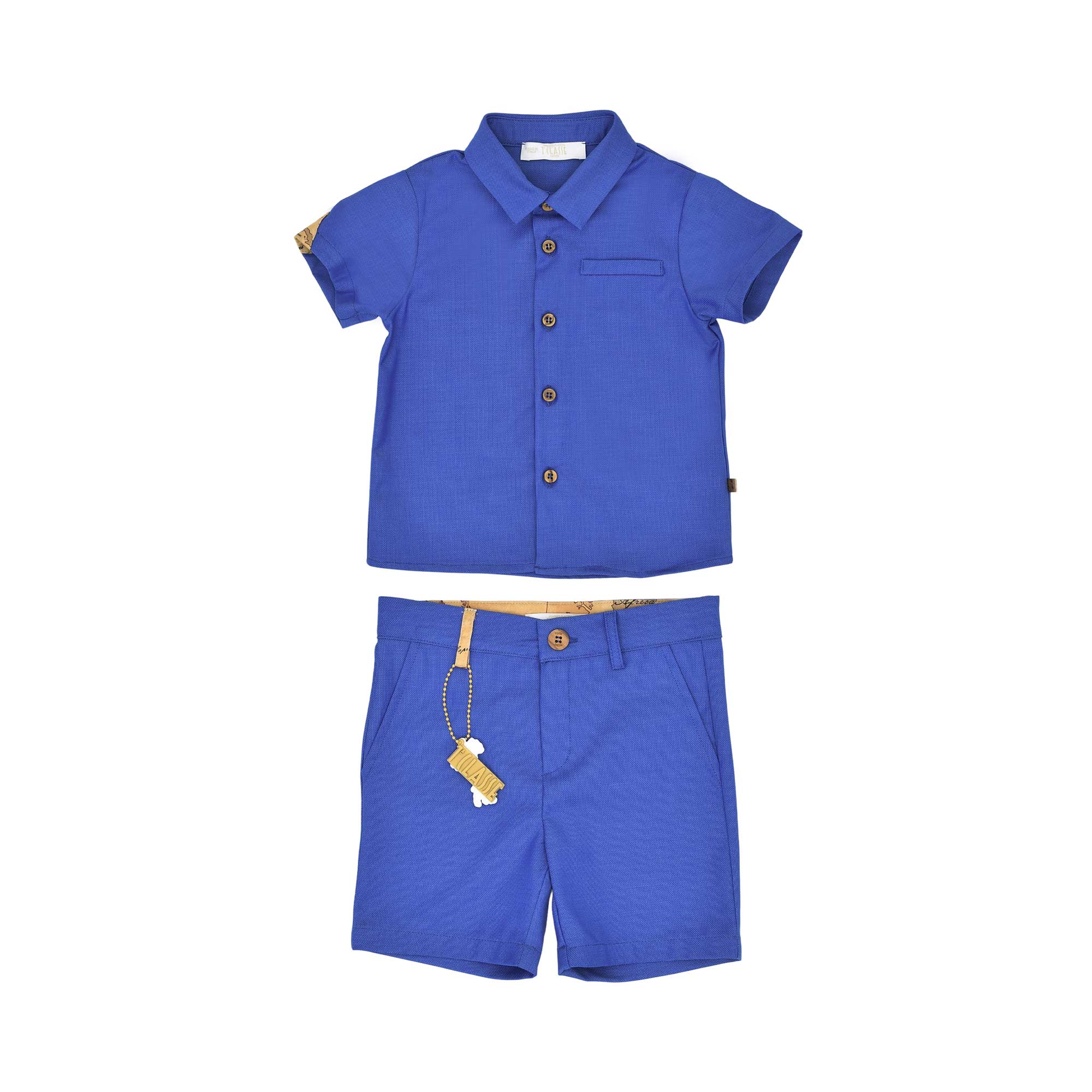 Front view of the Alviero Martini Kids Blue Shirt & Bermuda Shorts Set. Find the Latest Collection Online at Blue Salon Qatar