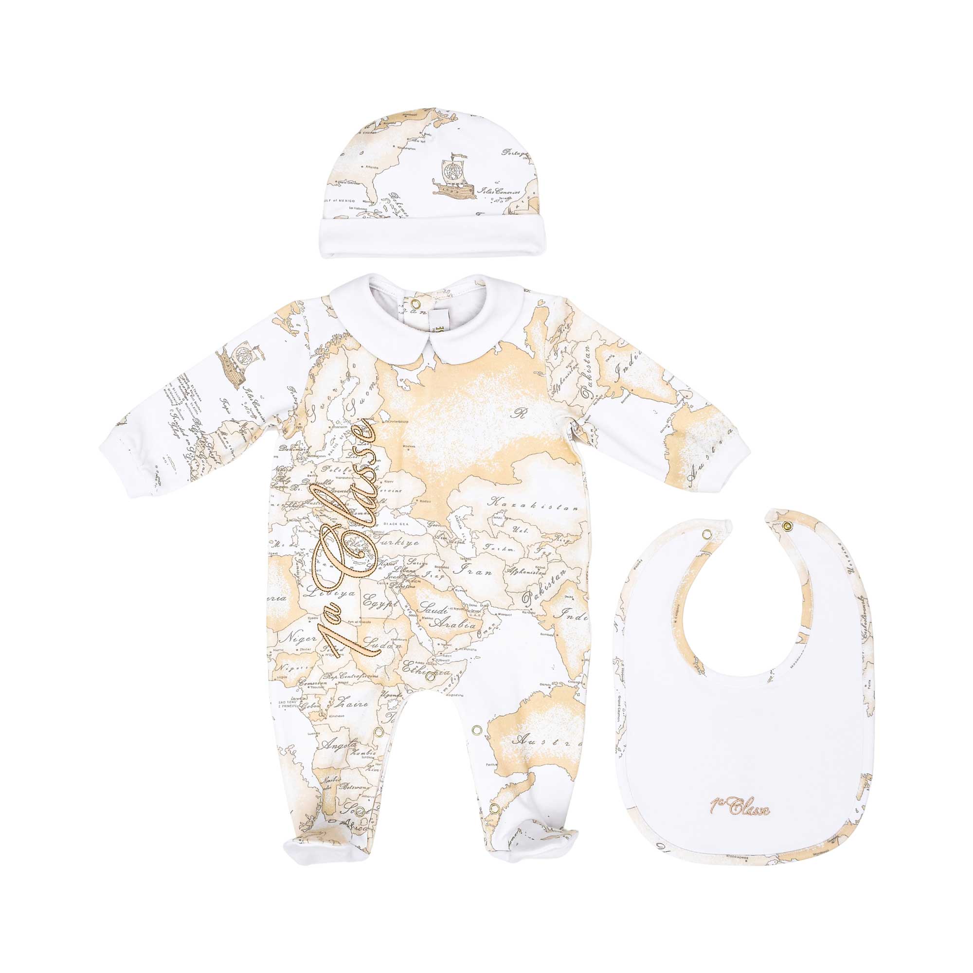 Front view of the Alviero Martini Kids Newborn White/Beige Geo Print Sleepsuit Set with Hat, Bib & Blanket. Available for Online Purchase at Blue Salon Qatar.