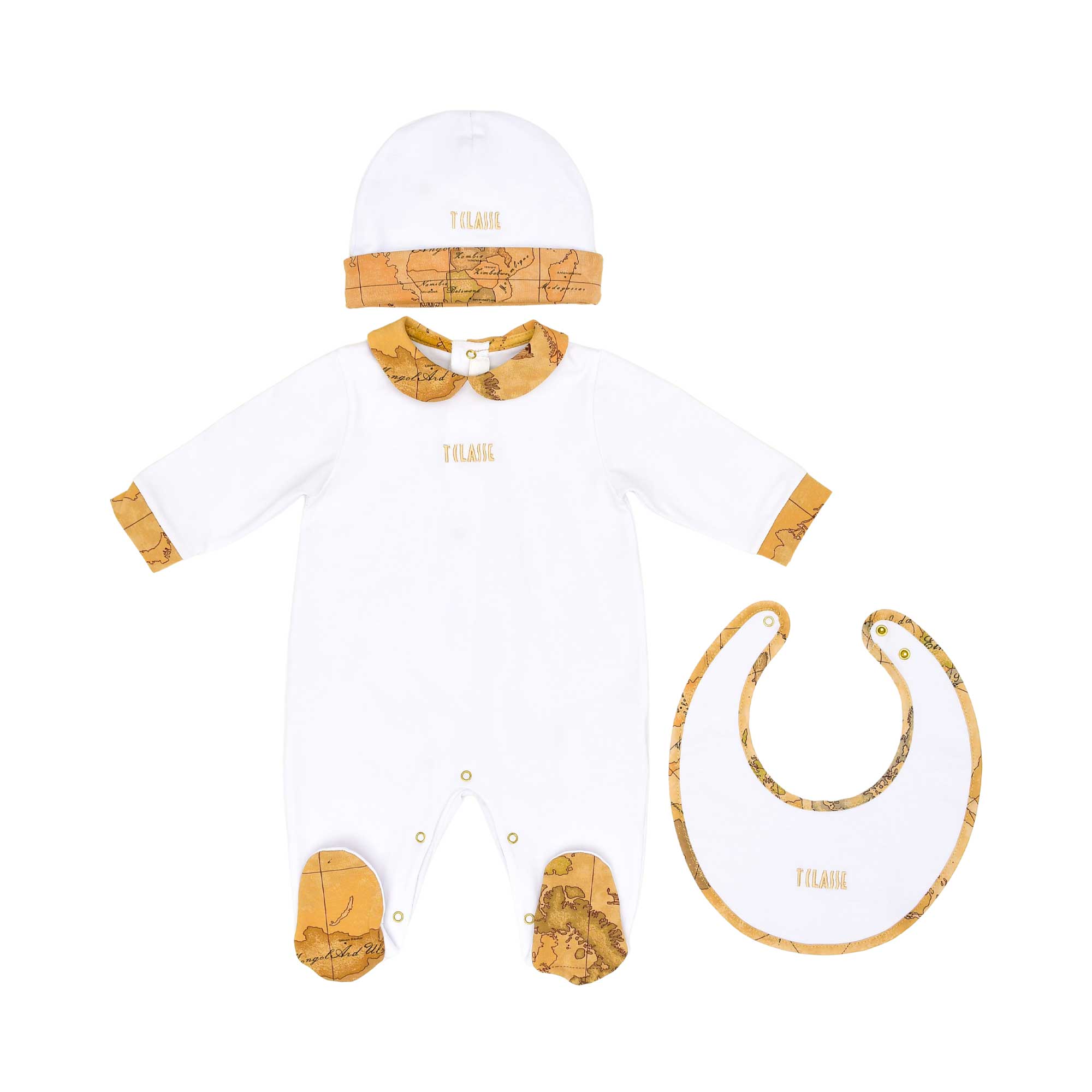 Front view of the Alviero Martini Kids Newborn White Geo Sleepsuit Set with Hat & Bib. Order Online Today at Blue Salon Qatar