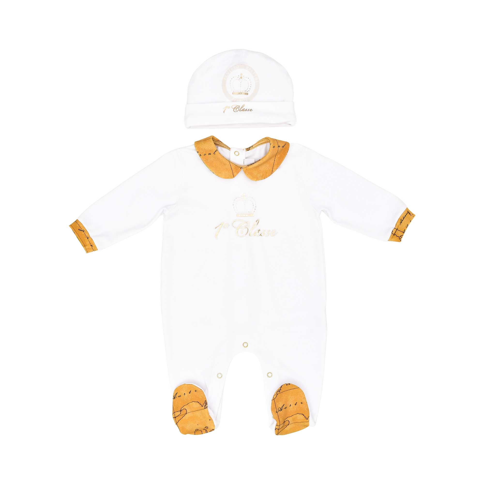 Front view of the Alviero Martini Kids Newborn White Sleepsuit Set with Blanket. Shop now Online at Blue Salon Qatar