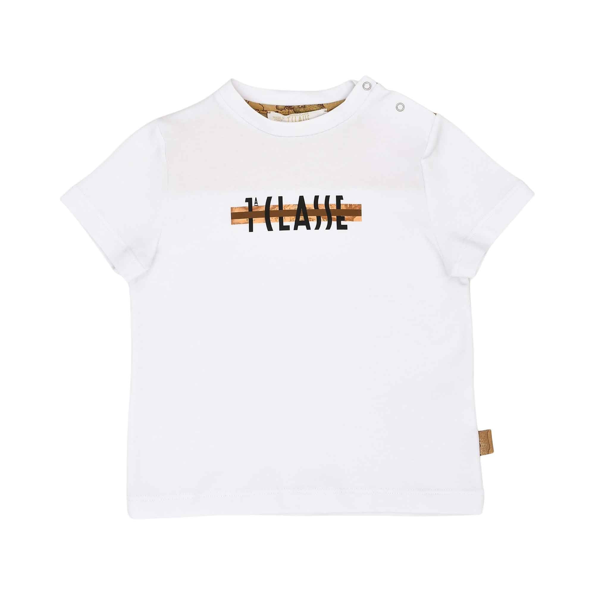Front view of the Alviero Martini kids off white Geo map baby T-shirt short sleeve Now Available Online at Blue Salon Qatar