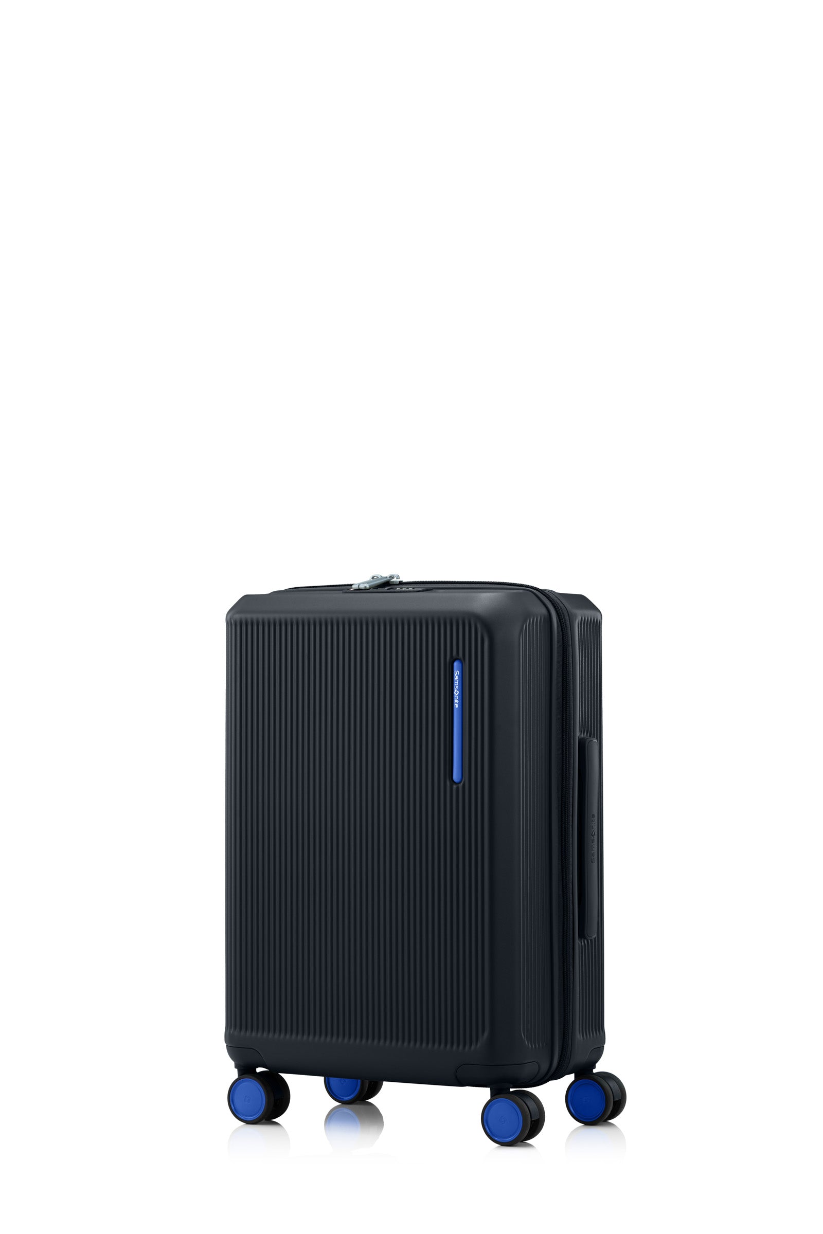 Front view of the Samsonite Voypod Spinner cabin in Black, showcasing its sleek, boxy hardshell design and the prominent front-access pocket panel. Available for Online Purchase
