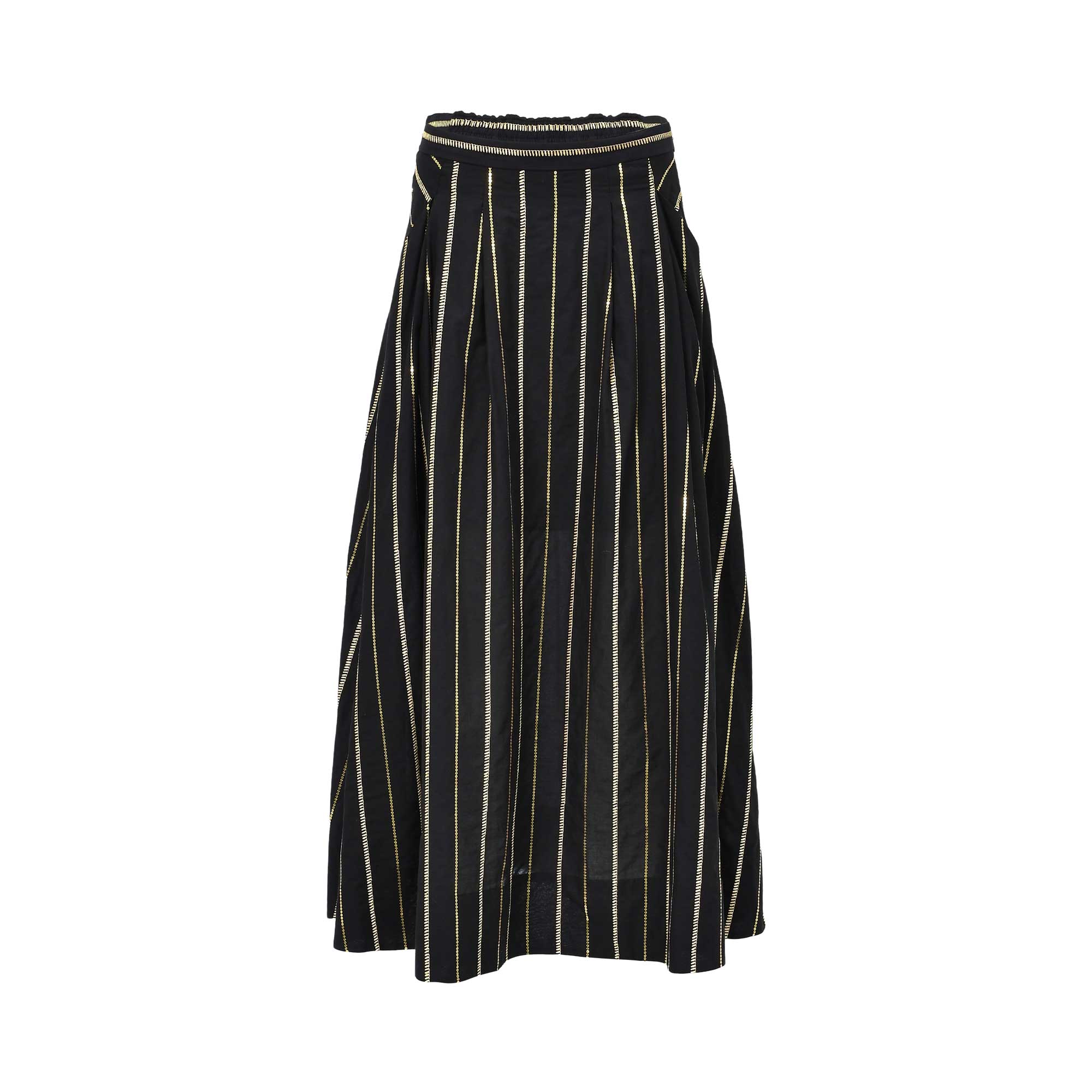 Front view of the Simona Corsellini Women's Black Striped Midi Skirt with Metallic Detail. Shop the Latest Online.