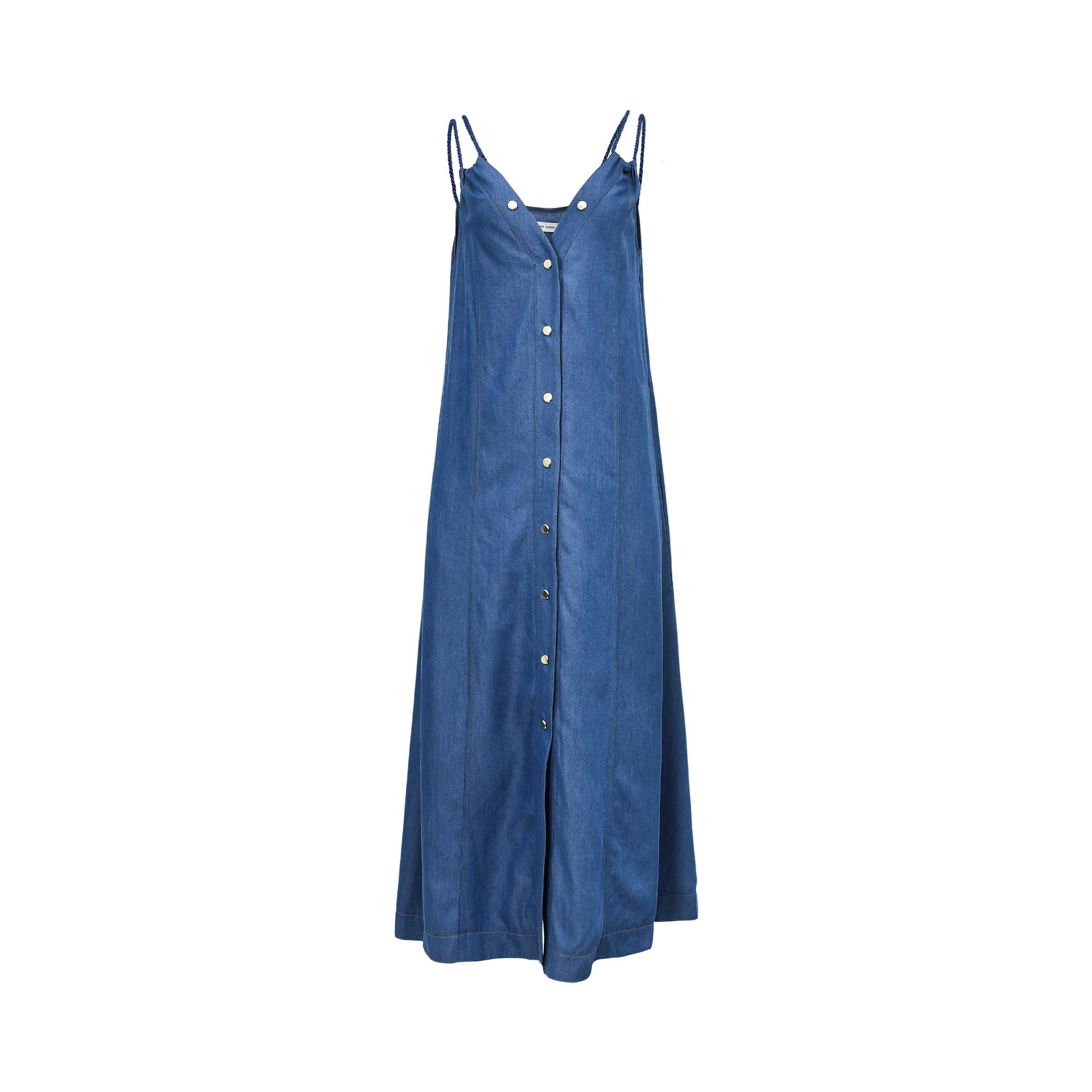 Front view of the Simona Corsellini Women's Blue Denim Midi Dress with Strap. Find Online Today