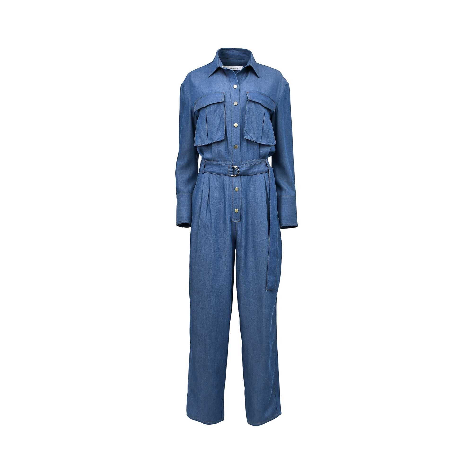 Front view of the Simona Corsellini Women's Blue Denim Utility Jumpsuit with Gold Buttons & Belt. Find The Collection Online