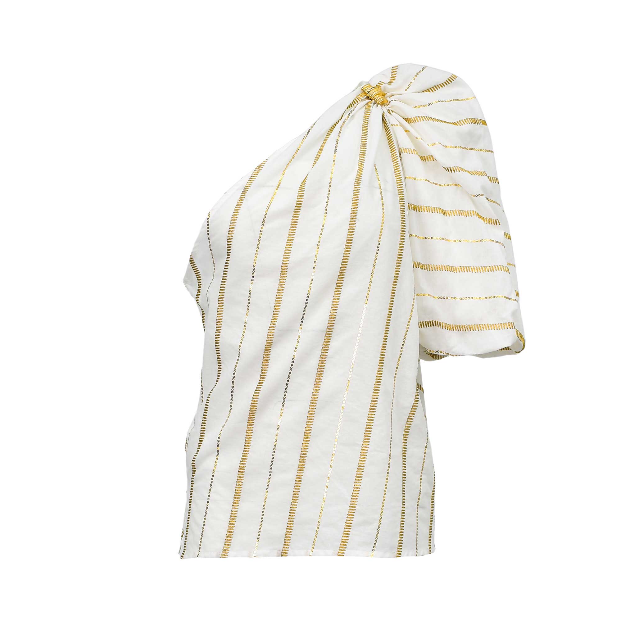 Front view of the Simona Corsellini Women's One-Shoulder White Top with Gold Stripe. Order Online Today.