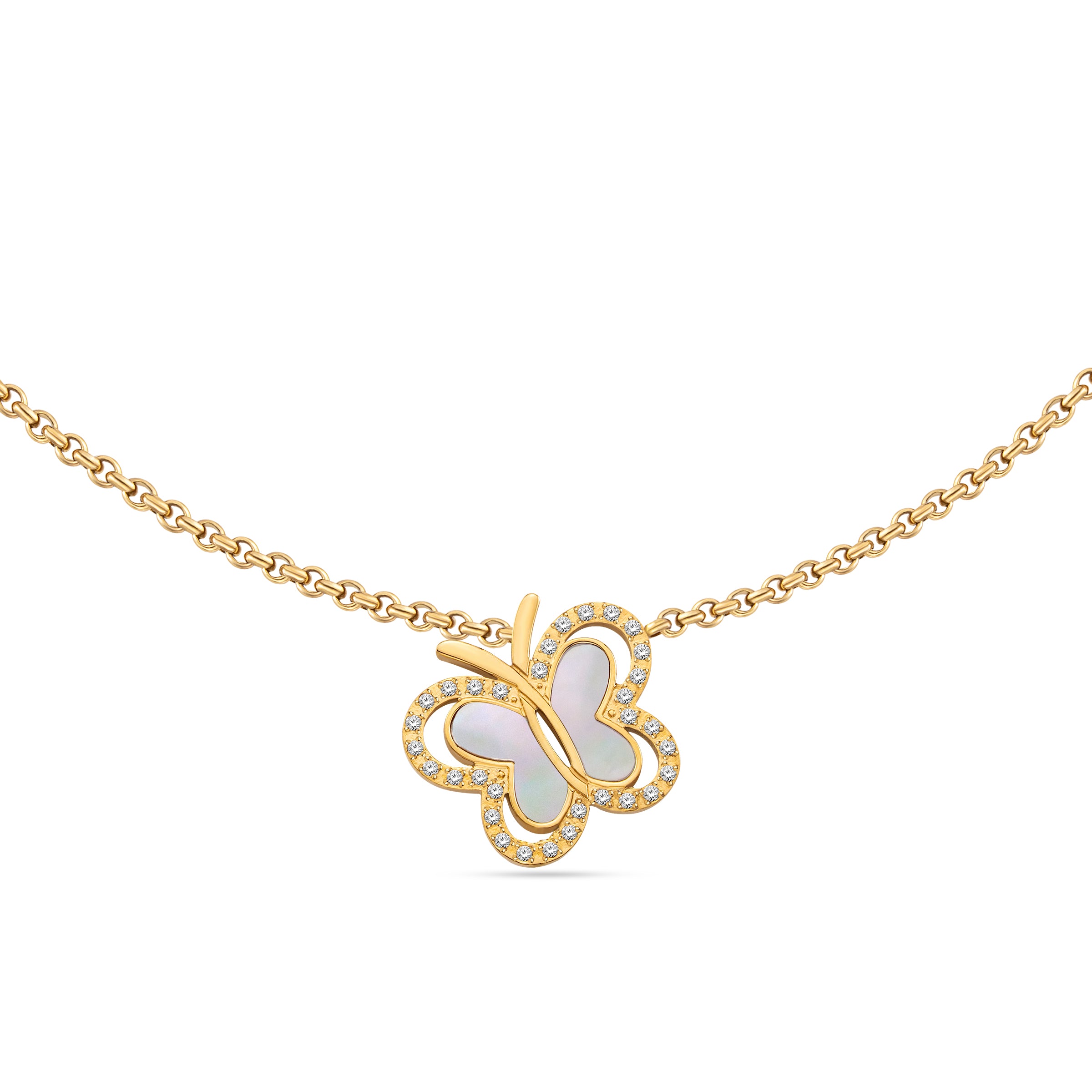 Symmetrical frontal view of the Saint Honoré gold-plated butterfly pendant necklace on a white background, highlighting the iridescent Mother of Pearl wings and pavé crystal border.