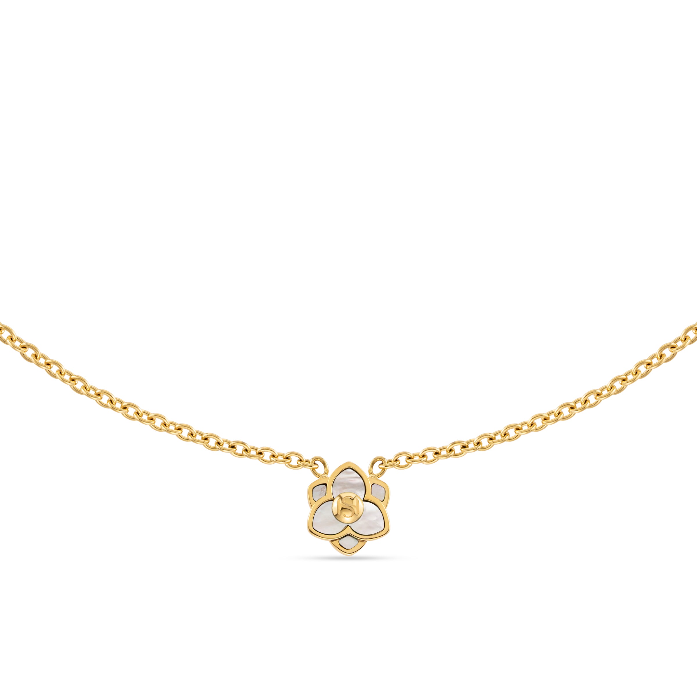 Symmetrical frontal view of the Saint Honoré Burj gold-plated necklace on a white background, highlighting the small layered flower pendant inset with iridescent Mother of Pearl.