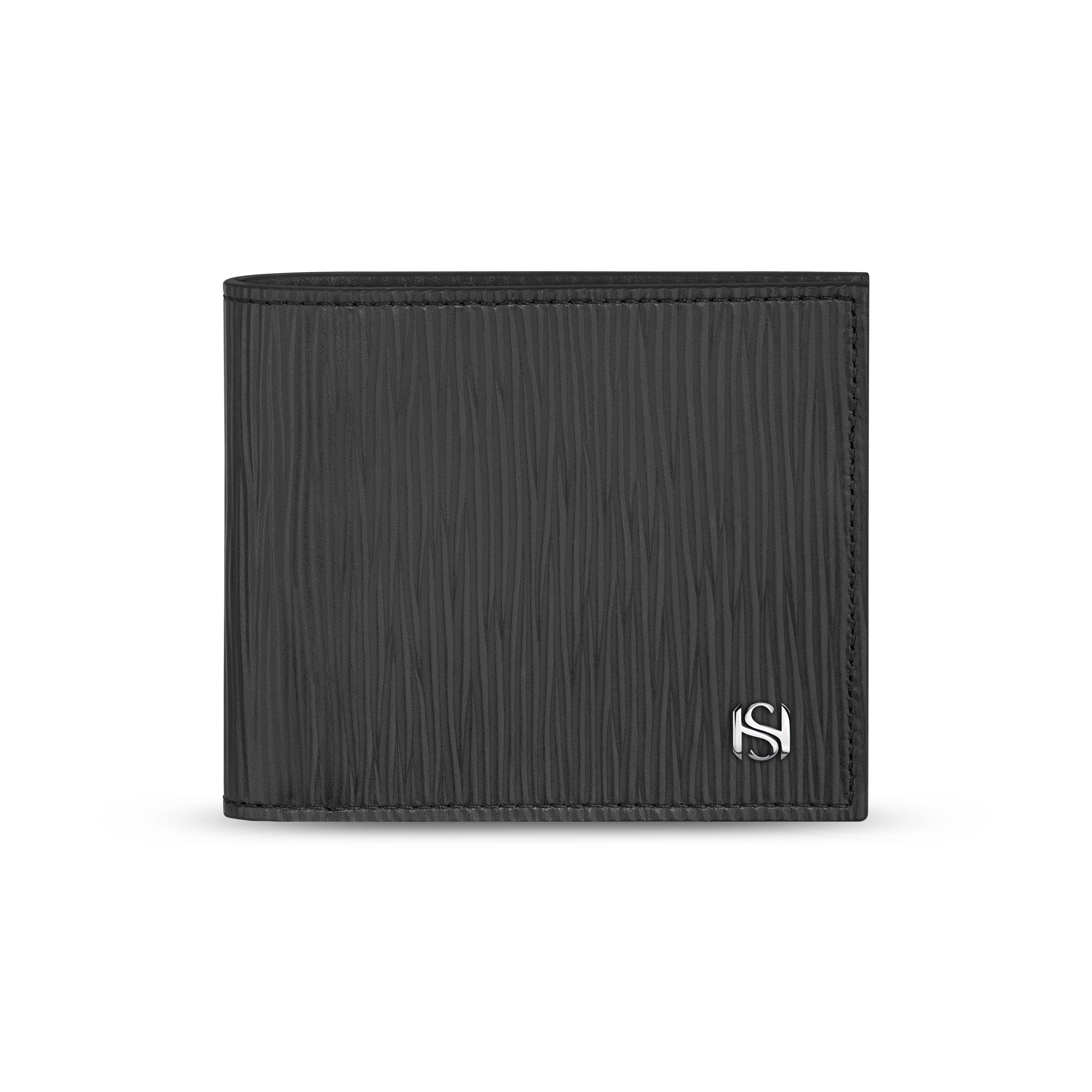 Front view of the closed Saint Honoré Orleans bifold wallet, highlighting the matte black wave-textured Italian leather and the polished silver-tone SH monogram logo.