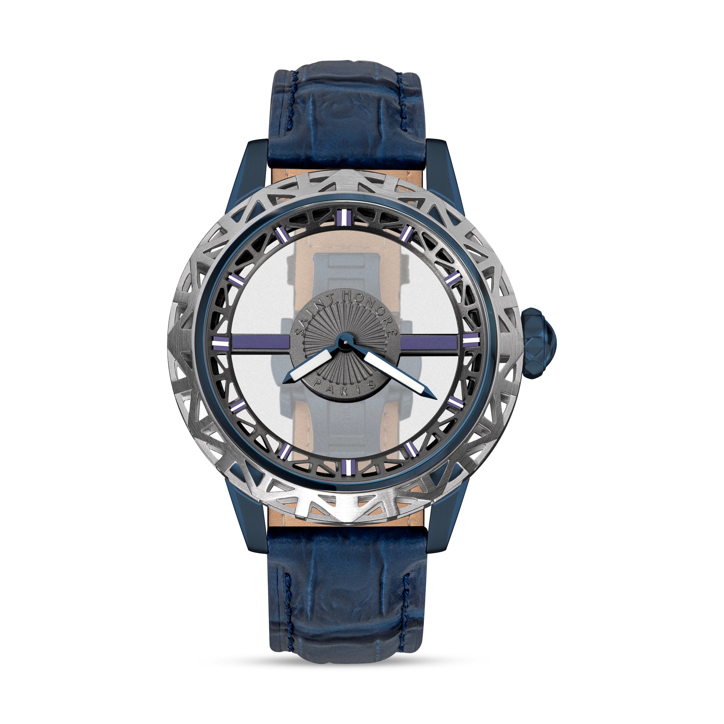Clean frontal studio view of the Saint Honoré Champ de Mars watch, showcasing the geometric lattice bezel, completely transparent skeleton dial center, and blue alligator-embossed leather strap.