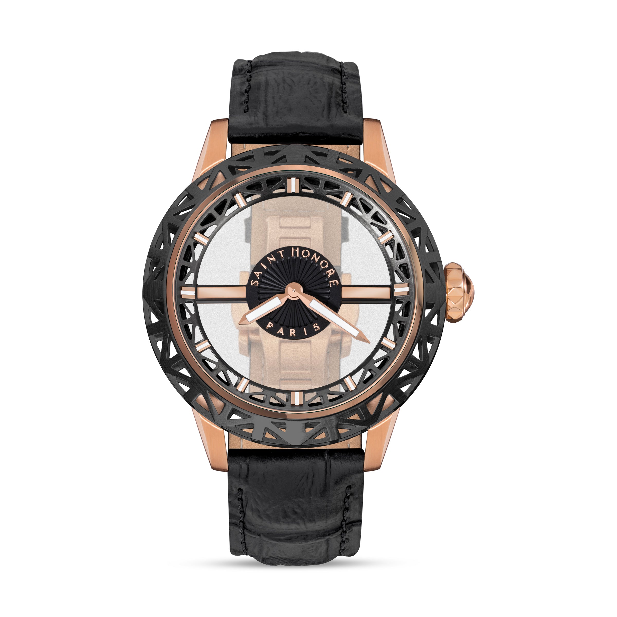 Clean frontal studio view of the Saint Honoré Champ de Mars watch, showcasing the geometric black lattice bezel, completely transparent skeleton dial center, rose gold lugs, and black alligator-embossed leather strap.