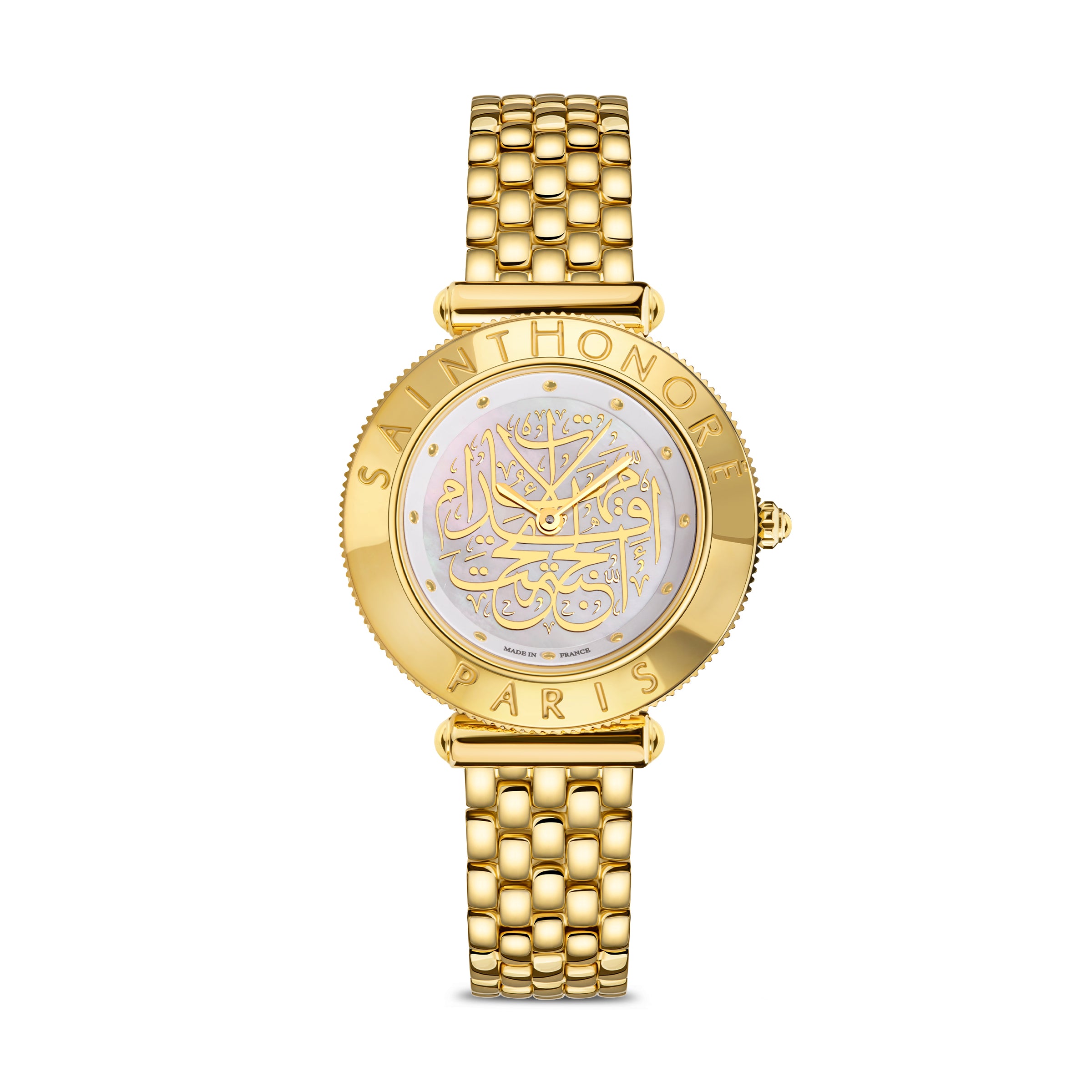Clean frontal studio view of the Saint Honoré Gala 34mm gold-plated watch, showcasing the white mother-of-pearl dial with gold Arabic calligraphy script, engraved logo bezel, and five-row yellow gold link bracelet.