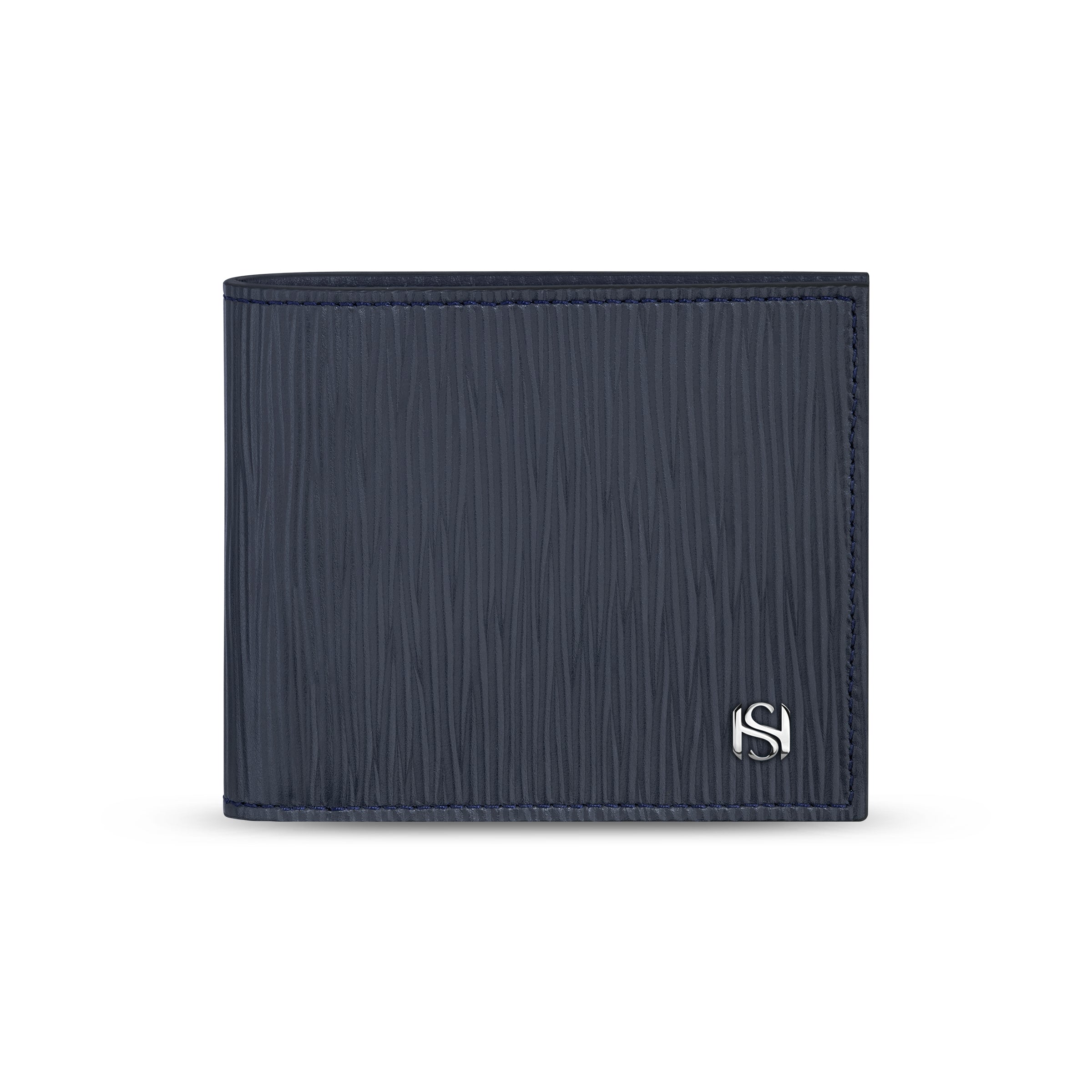 Front view of the closed Saint Honoré Orleans bifold wallet against a white background, highlighting the navy blue wave-textured Italian leather and the polished silver-tone SH monogram logo.