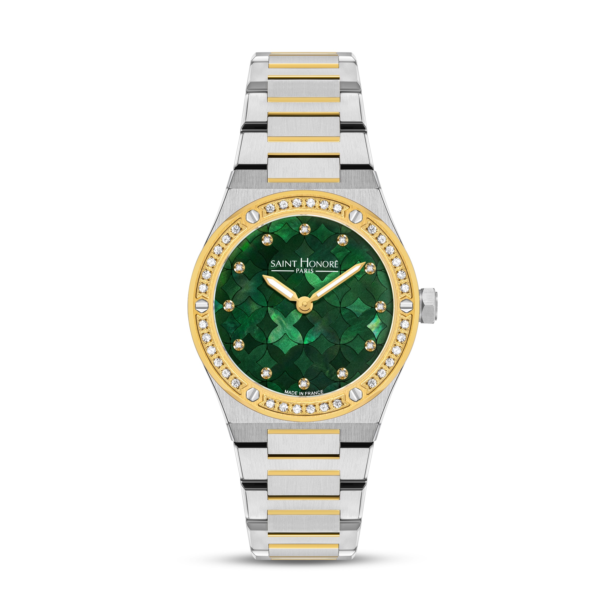 Clean frontal product photo of the Saint Honoré Haussman 32mm watch, highlighting the two-tone bracelet, diamond-accented bezel, and vibrant green mosaic mother-of-pearl dial.