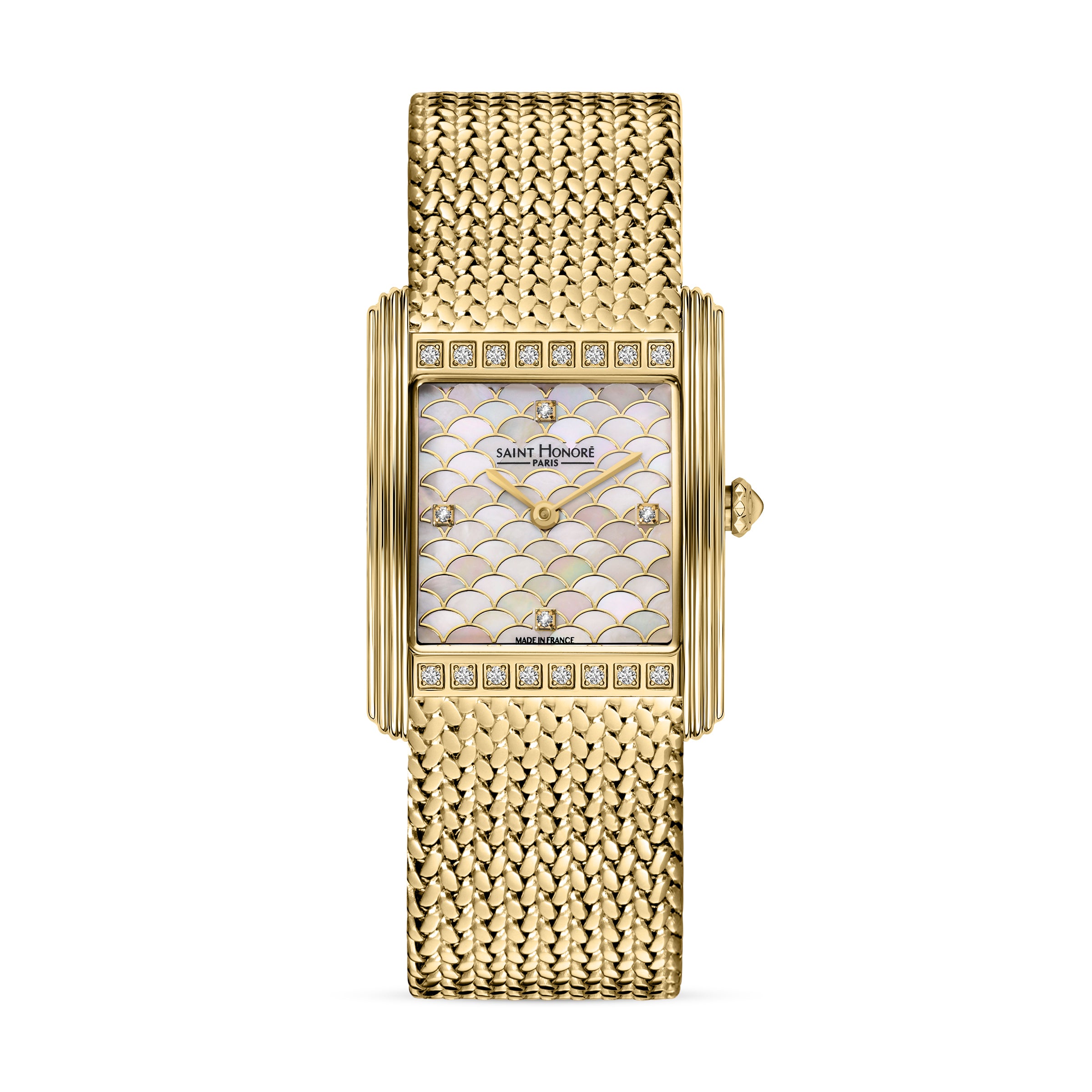 Clean frontal product photo of the rectangular gold-plated Palais Royal watch, highlighting the white scalloped mother-of-pearl dial and diamond borders.